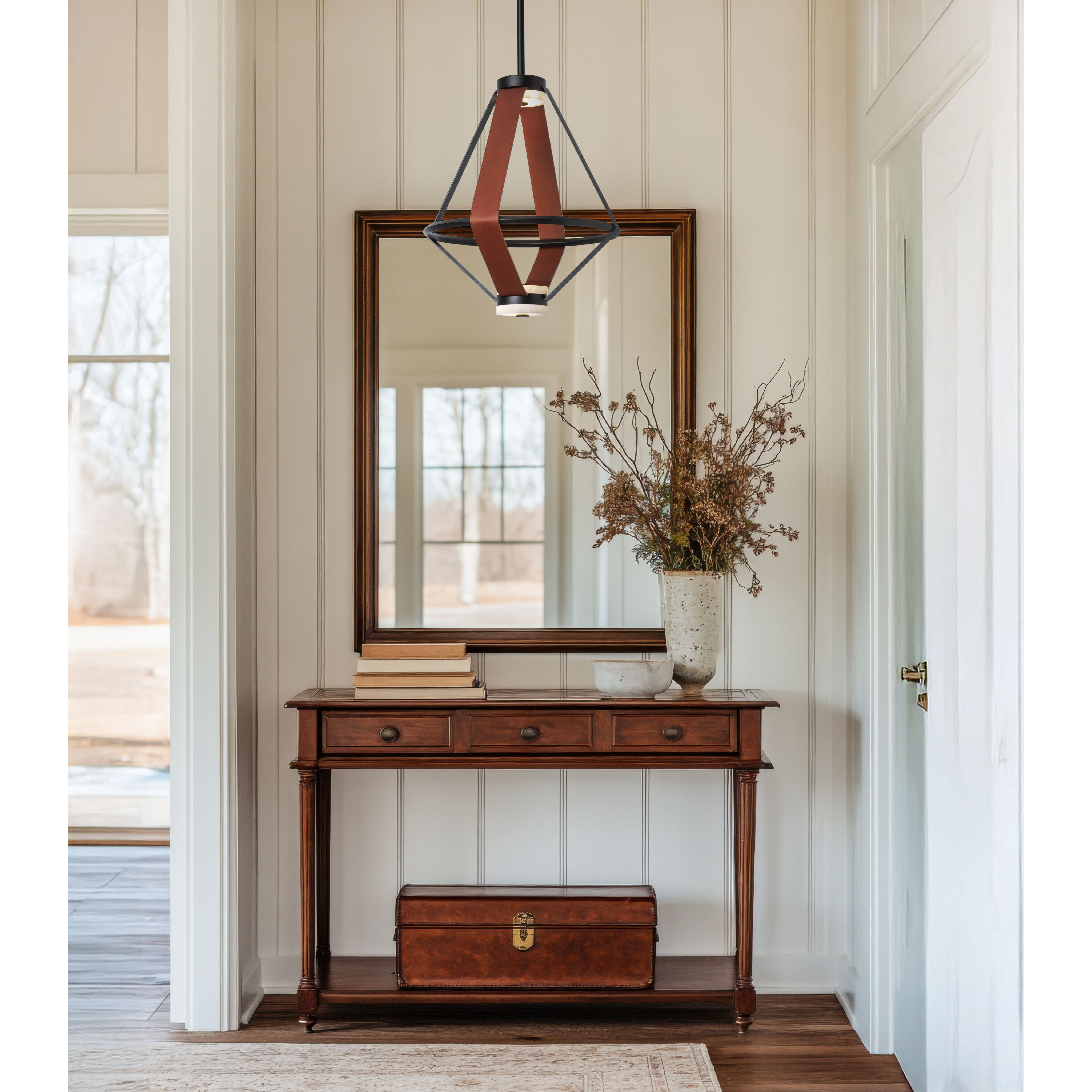 Art & Alchemy Aspen LED 16.6 inch Black Pendant Ceiling Light in Chestnut Leather with Alabaster