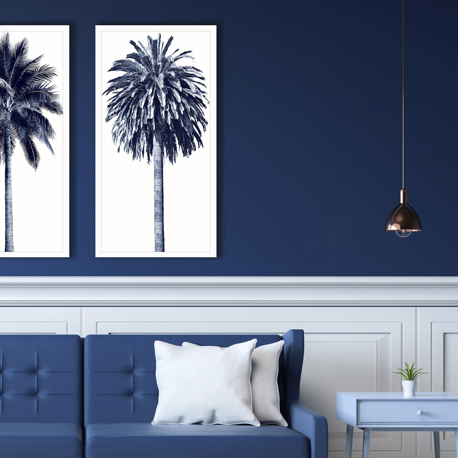 Palm Tree Blue Blue and White Framed Art