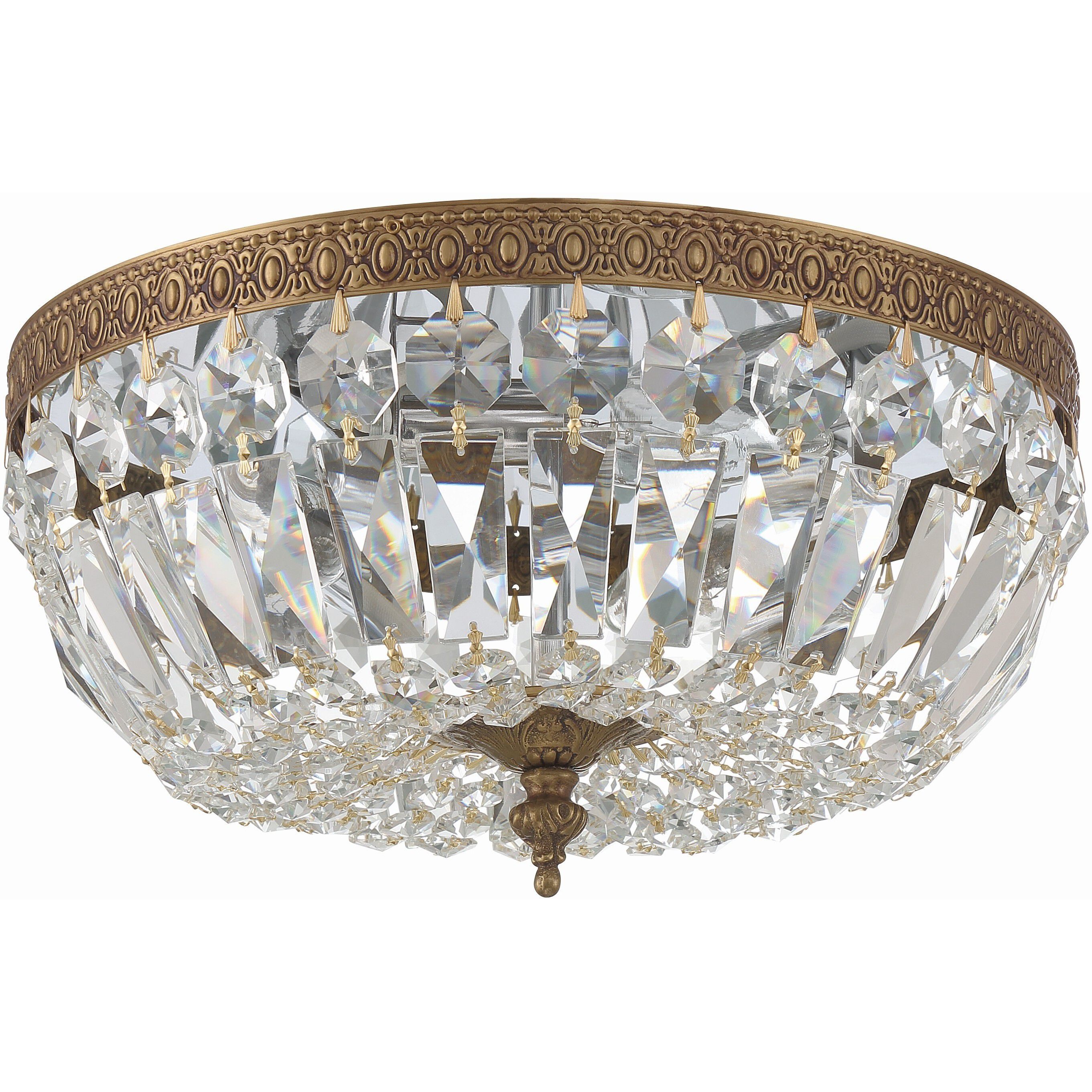 Waltham 3 Light 12 inch Olde Brass Flush Ceiling Light in Clear Hand Cut