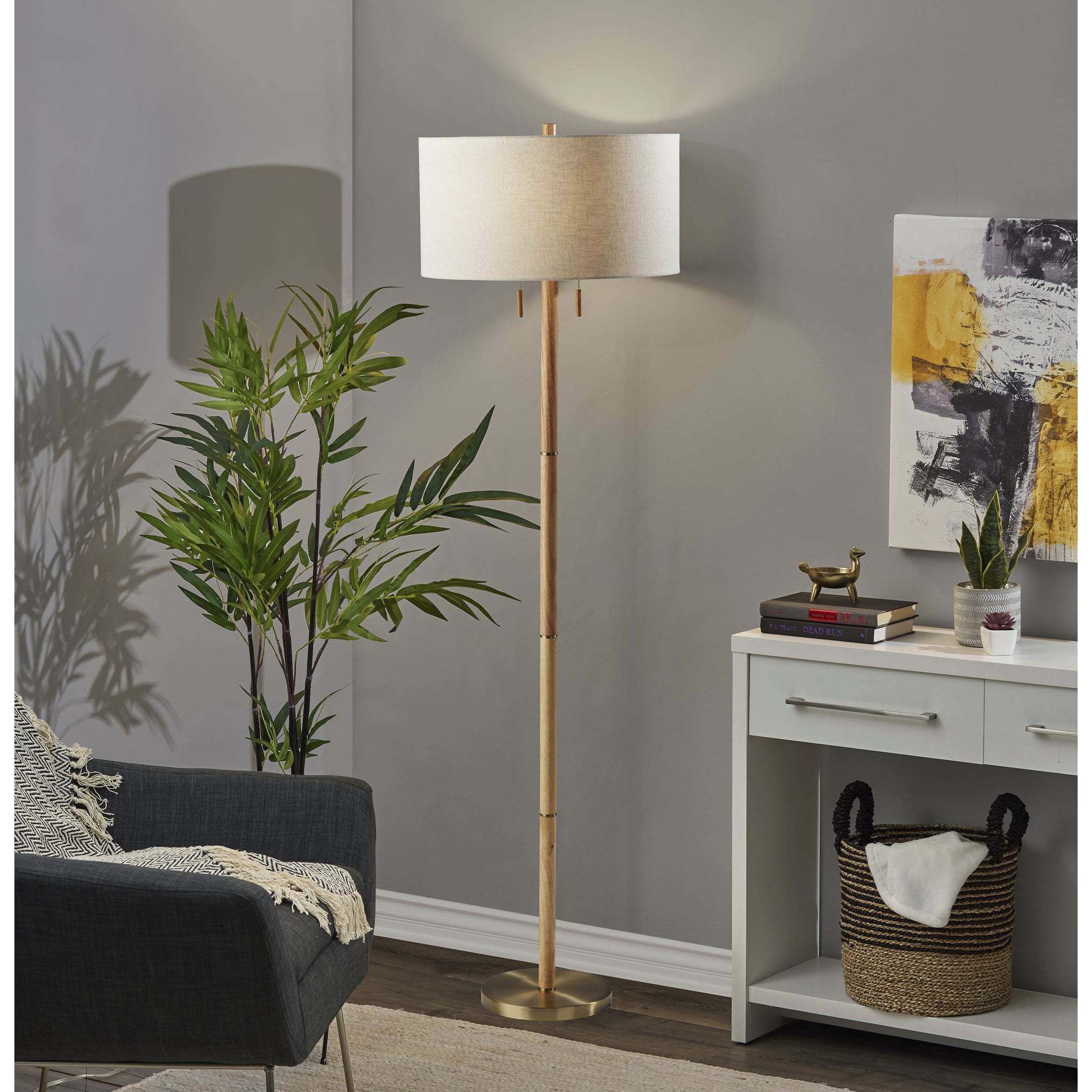 Madeline 66 inch 150.00 watt Natural Rubberwood and Antique Brass Floor Lamp Portable Light
