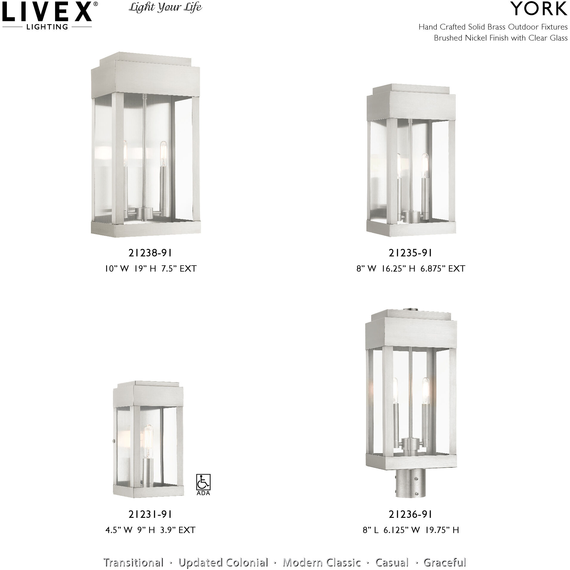 York 2 Light 19 inch Brushed Nickel Outdoor Wall Lantern