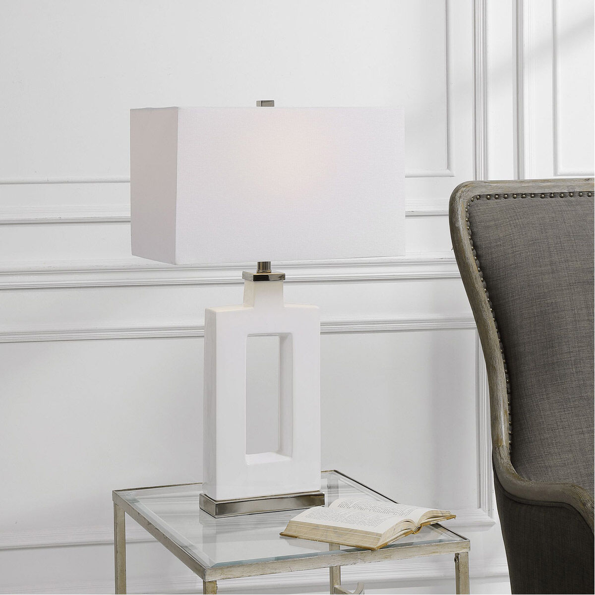 Entry 30 inch 150.00 watt Stark White Glaze with Polished Nickel Details Table Lamp Portable Light