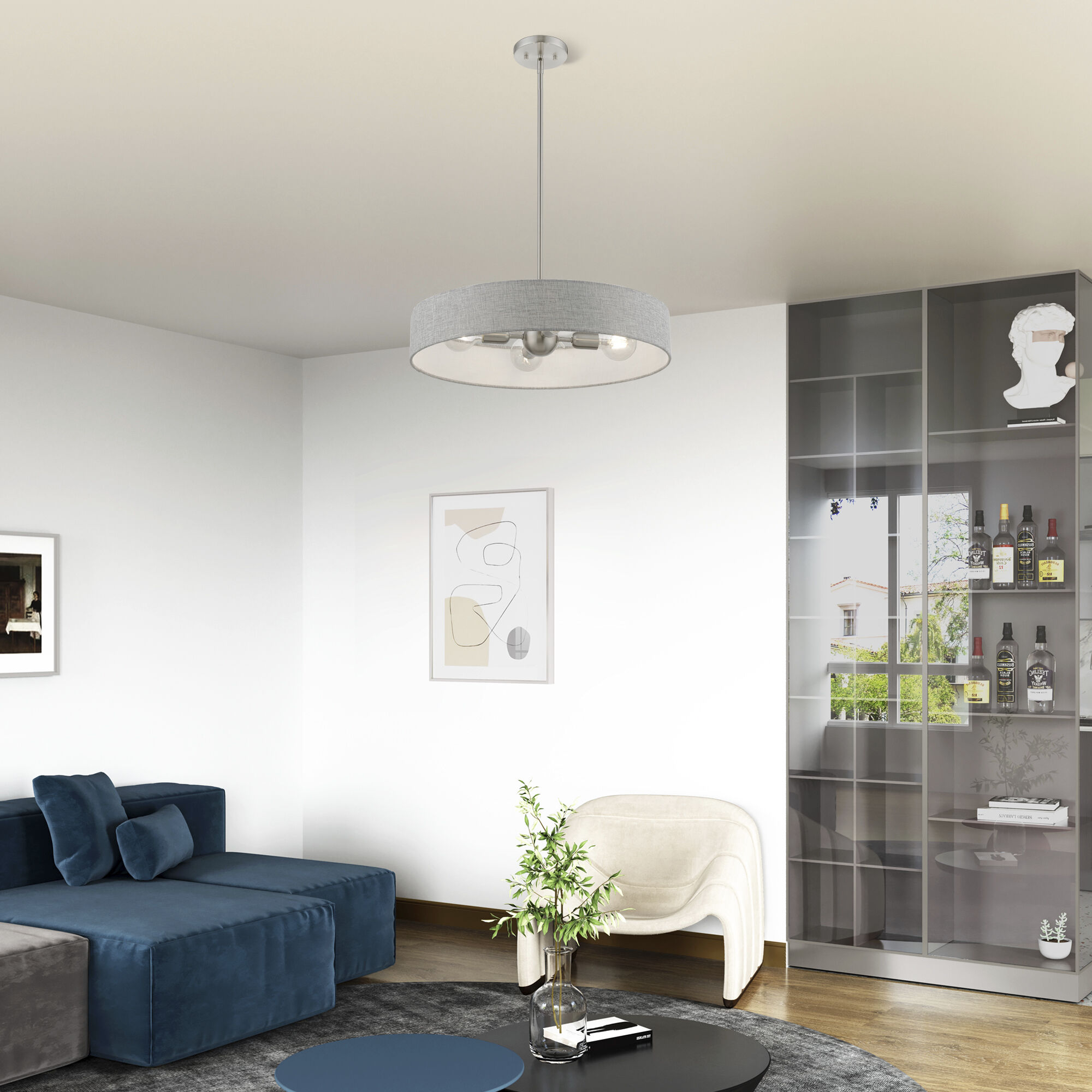 Elmhurst 4 Light 22 inch Brushed Nickel with Shiny White Accents Pendant Ceiling Light, Medium, Drum