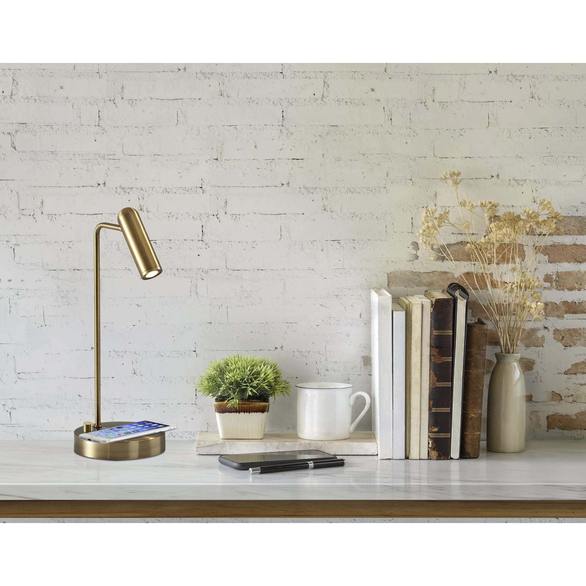 Kaye 17 inch 5.00 watt Antique Brass Desk Lamp Portable Light, with AdessoCharge Wireless Charging Pad and USB Port