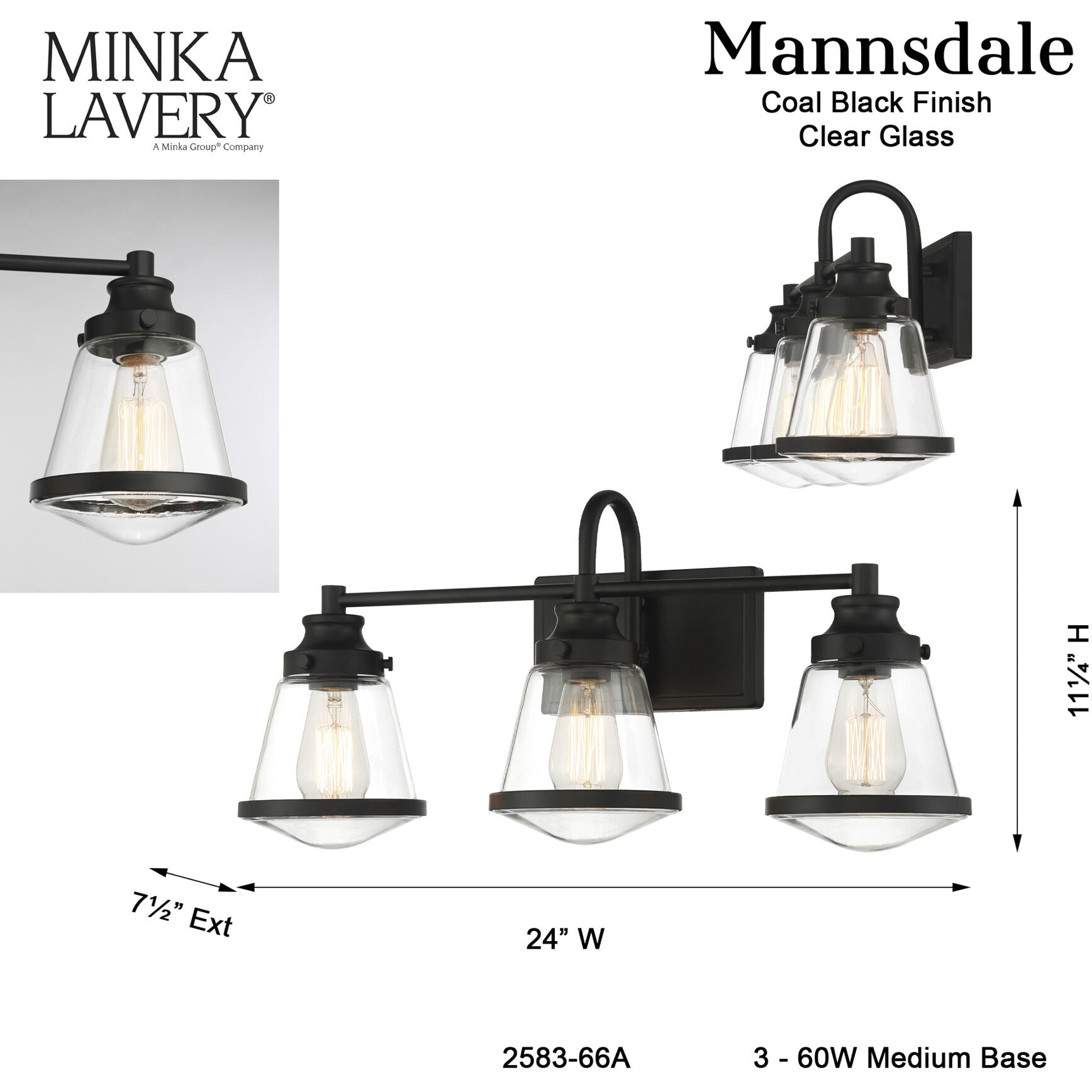 Mannsdale 3 Light 24 inch Coal Bath Vanity Wall Light
