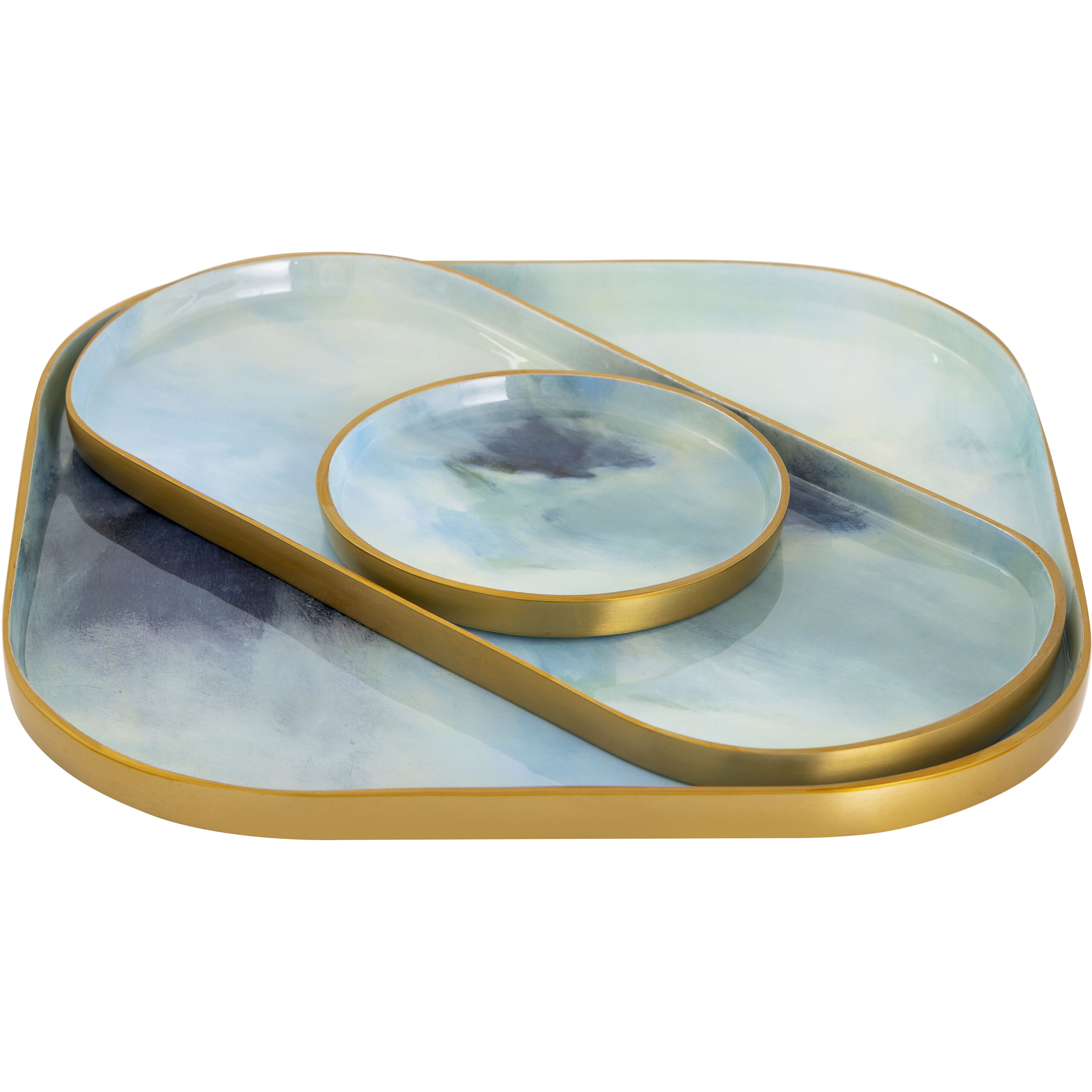 Aura Light Blue Enamel with Brushed Brass Tray, Set of 3