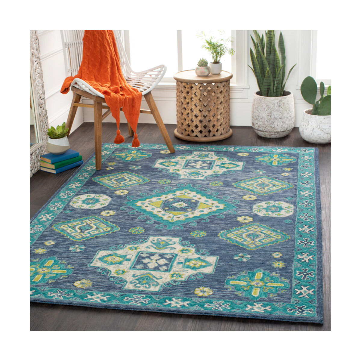Bonifate 90 X 60 inch Denim/Navy/Teal/Lime/Khaki/Light Gray Rugs, Rectangle