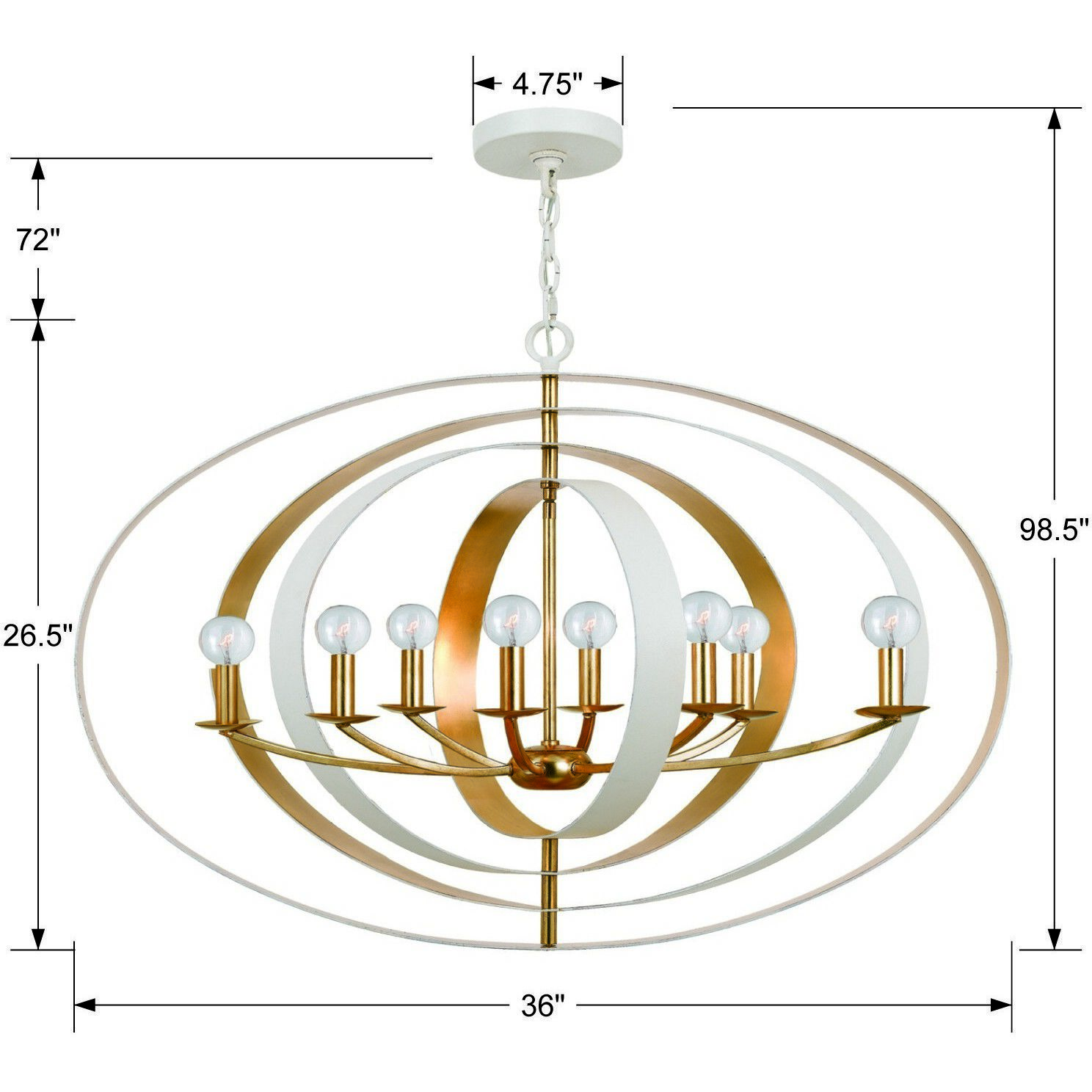Luna 8 Light 36 inch Matte White and Antique Gold Chandelier Ceiling Light