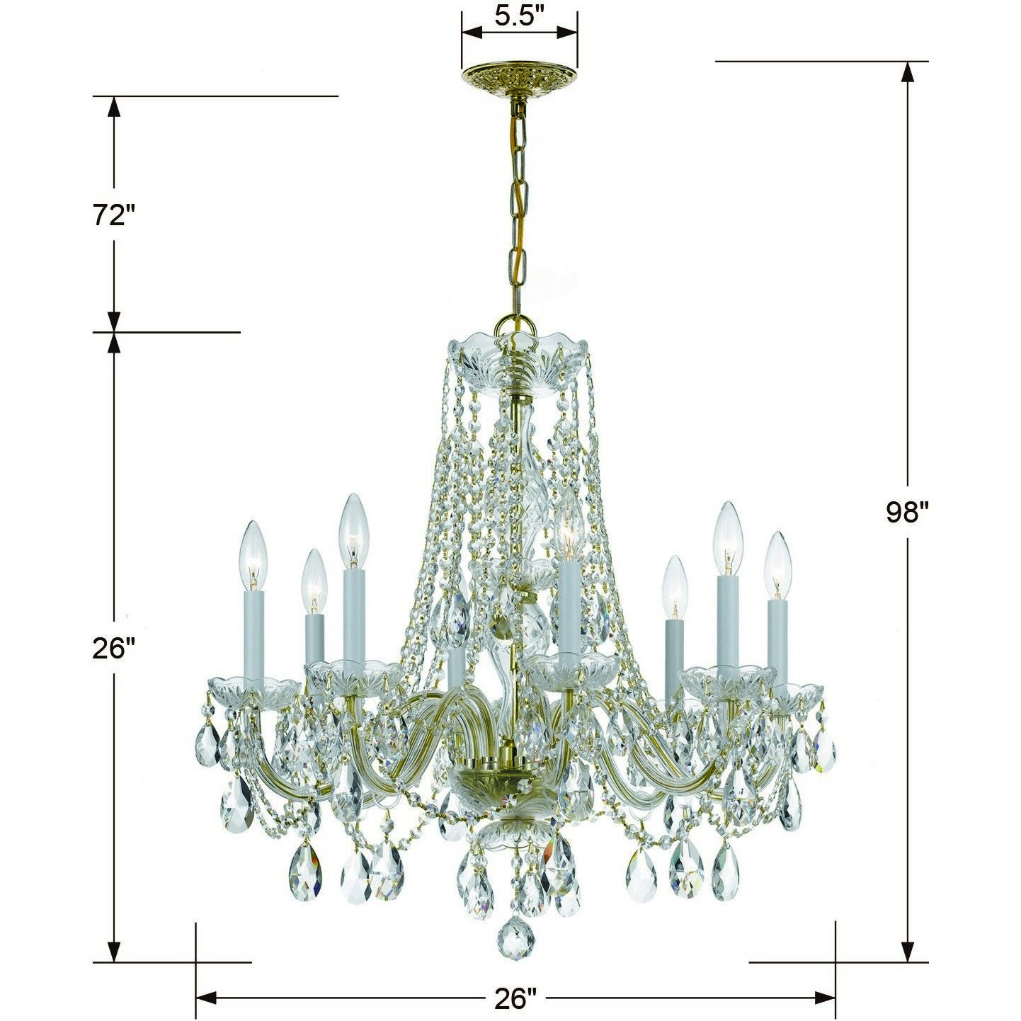 Traditional Crystal 8 Light 26 inch Polished Brass Chandelier Ceiling Light in Clear Swarovski Strass