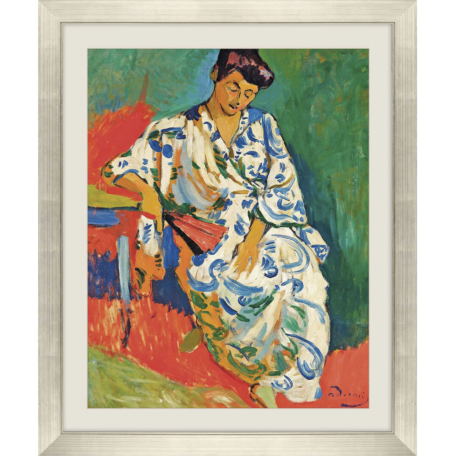 Figurative Blue and Green and Metallic and Orange Framed Art