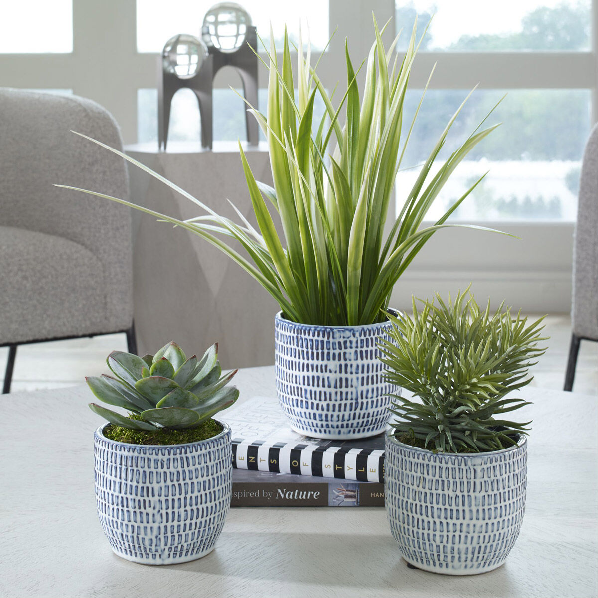 Puebla Blue and White Ceramic Greenery Planters, Set of 3