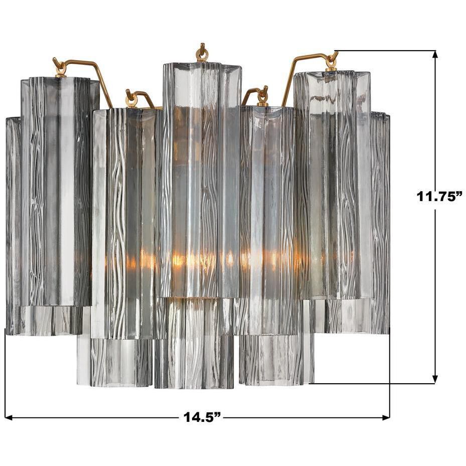 Addis Bath Wall Light in Aged Brass, Tronchi Glass Smoke