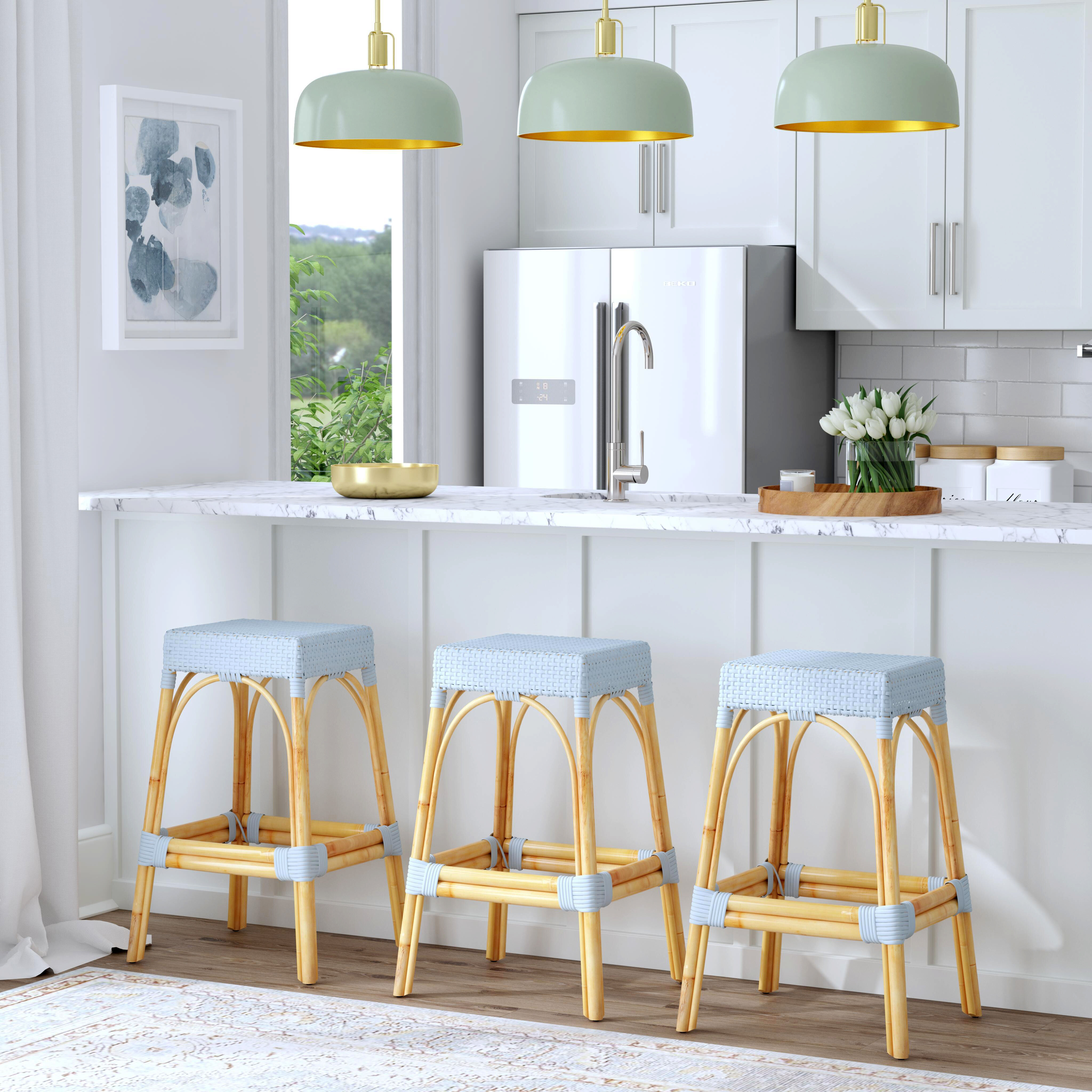 Robias Rectangular Rattan 30" Bar Stool in Baby Blue