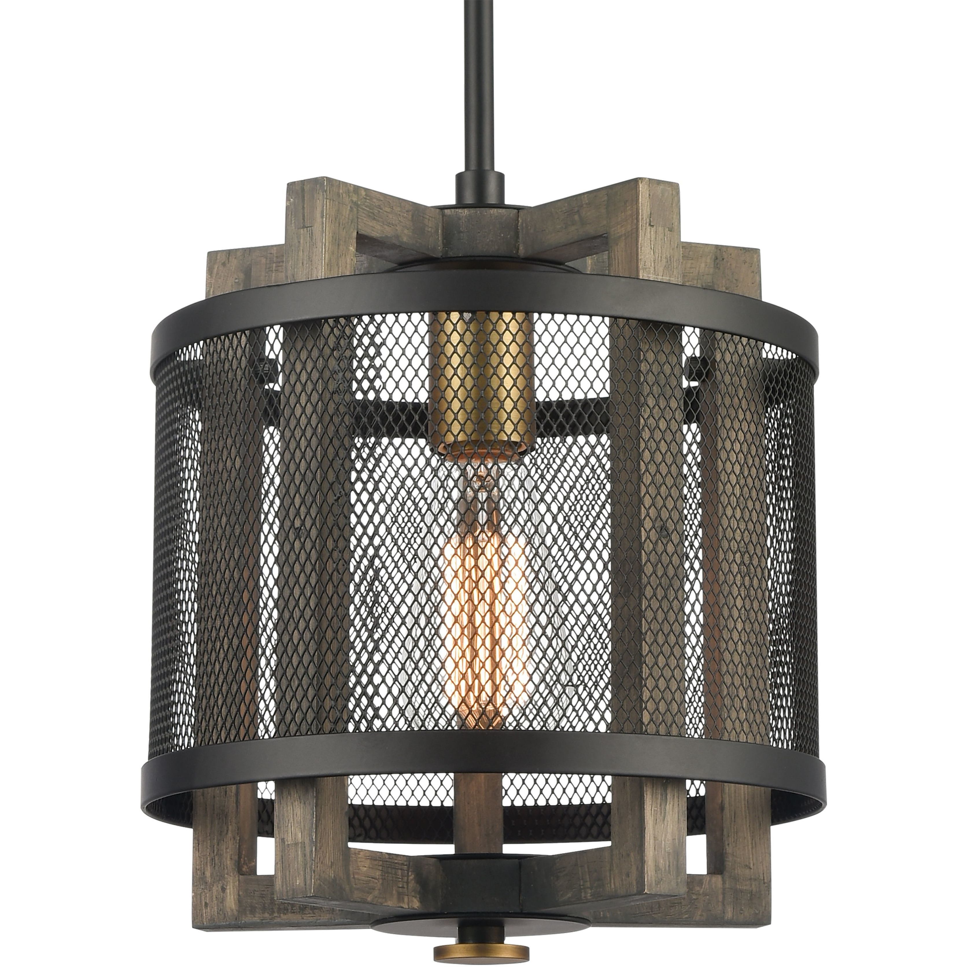 Woodbridge 1 Light 10 inch Matte Black with Weathered Oak and Brass Mini Pendant Ceiling Light