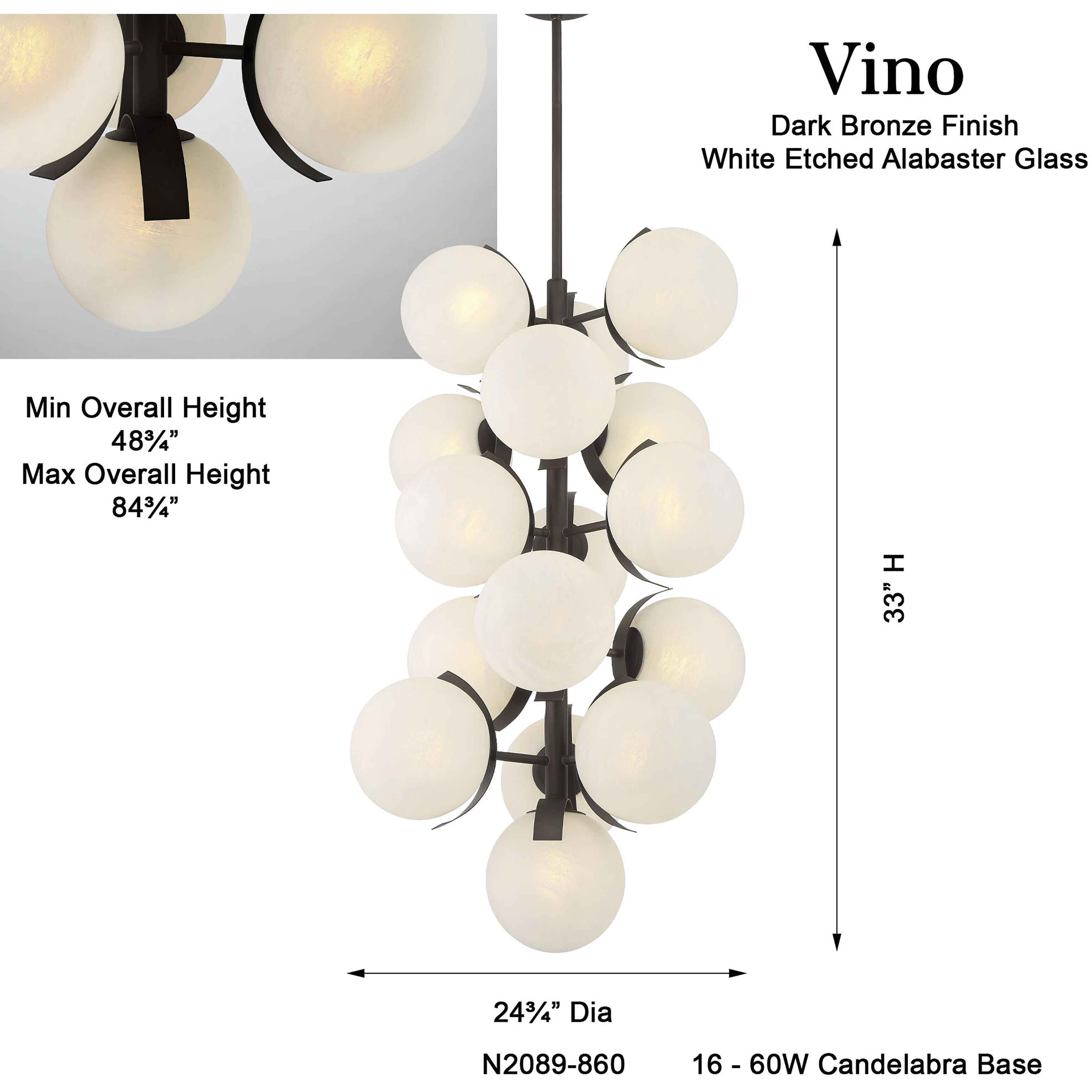 Vino 16 Light 24.75 inch Dark Bronze Pendant Ceiling Light in White Etched Alabaster Glass