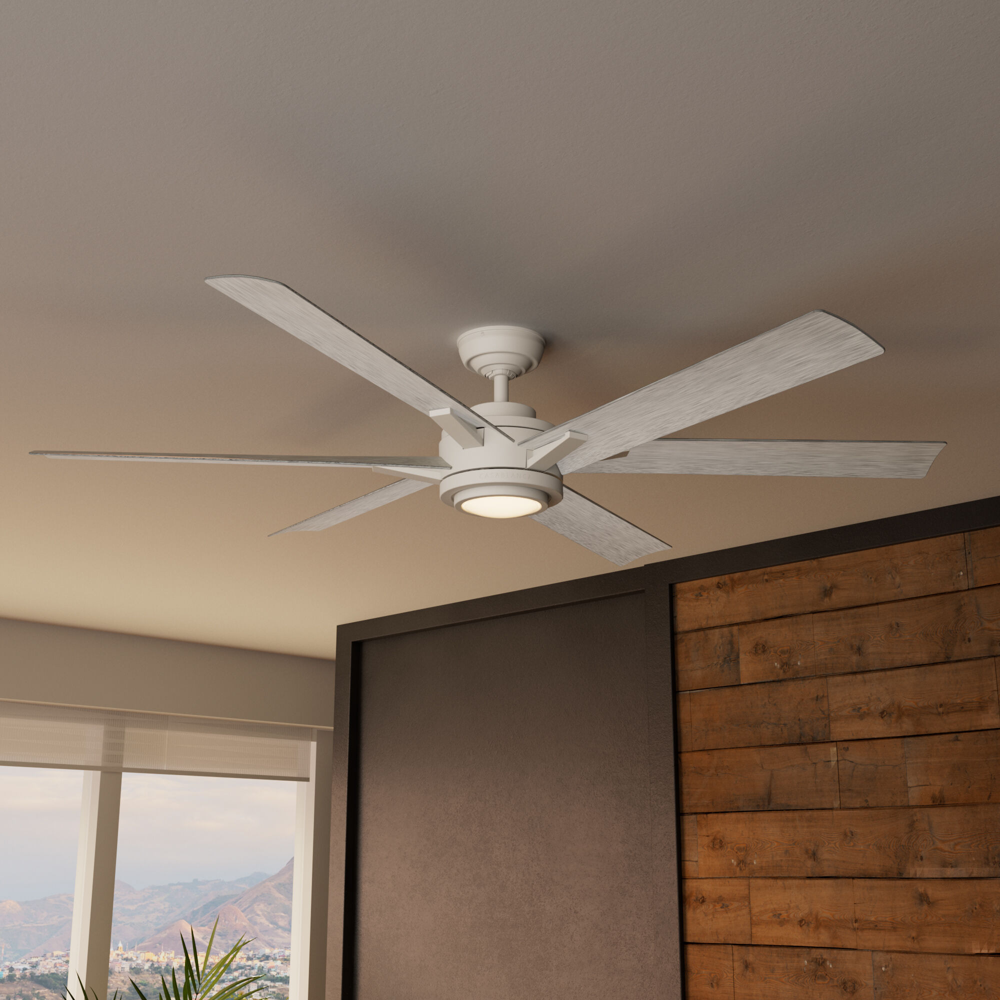 Melia 65 inch Fresh White with White Washed Oak Blades Outdoor Ceiling Fan