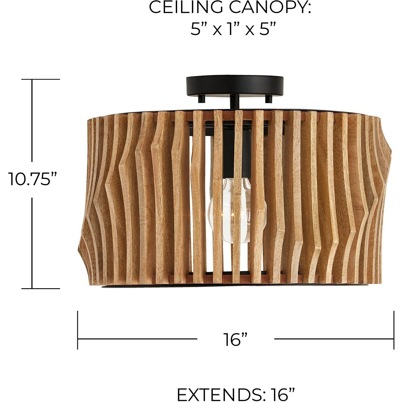 Archer 1 Light 16 inch Light Wood and Matte Black Semi-Flush Mount Ceiling Light, Convertible Dual Mount