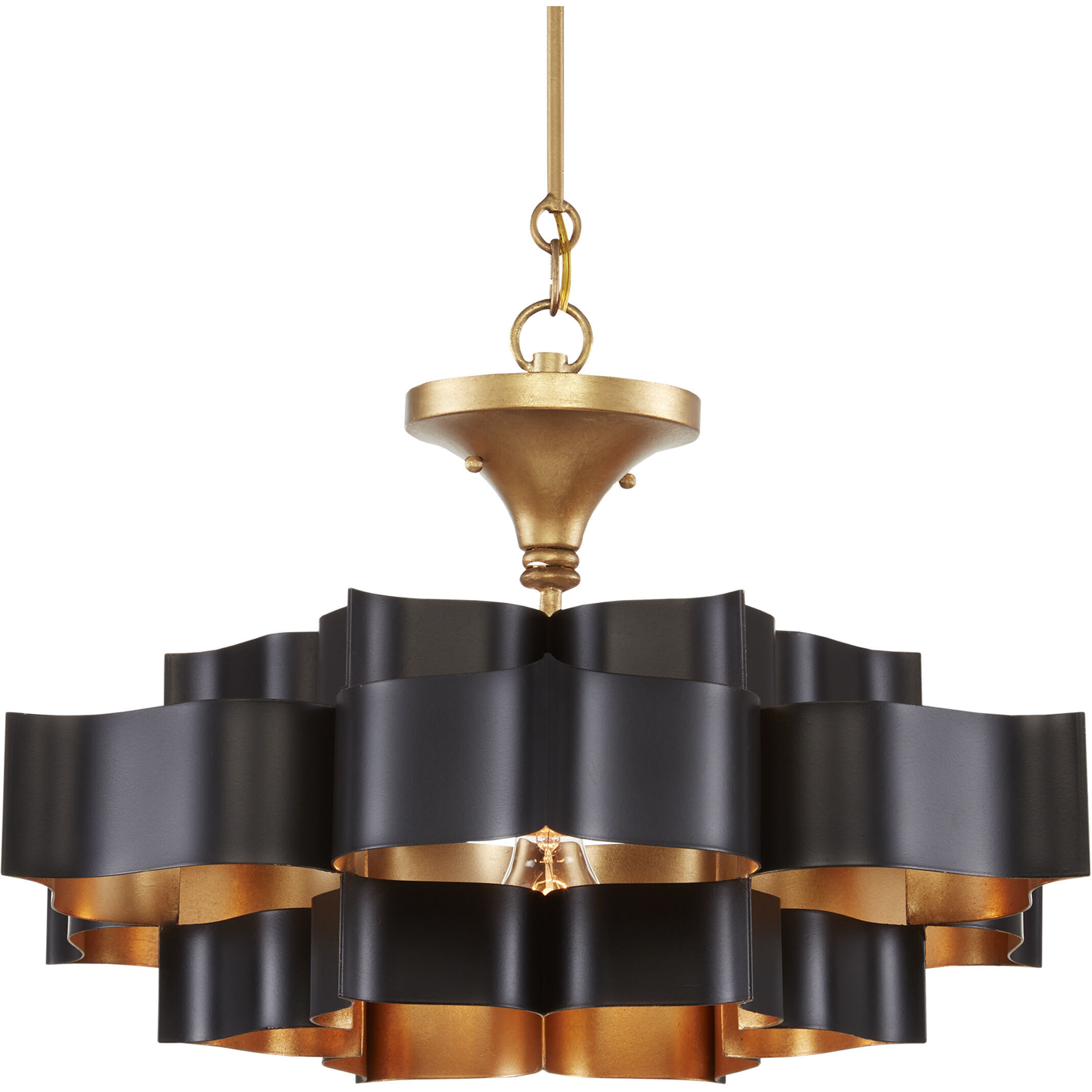 Grand Lotus 1 Light 20.25 inch Satin Black/Contemporary Gold Leaf Chandelier Ceiling Light, Small, Convertible to Semi-Flush