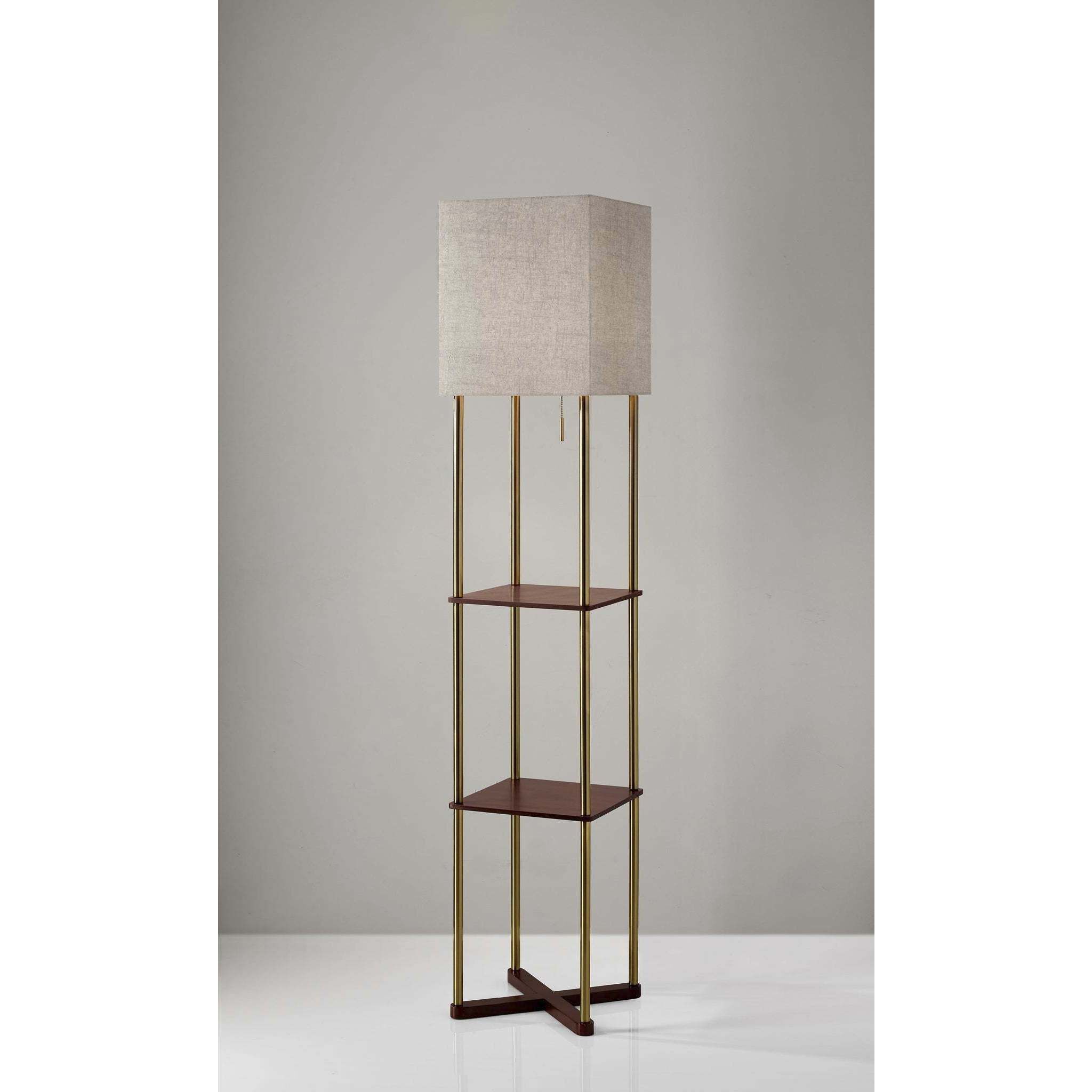 Harrison 62 inch 150.00 watt Antique Brass and Walnut Wood Paper Veneer Shelf Floor Lamp Portable Light, with 2 USB Ports