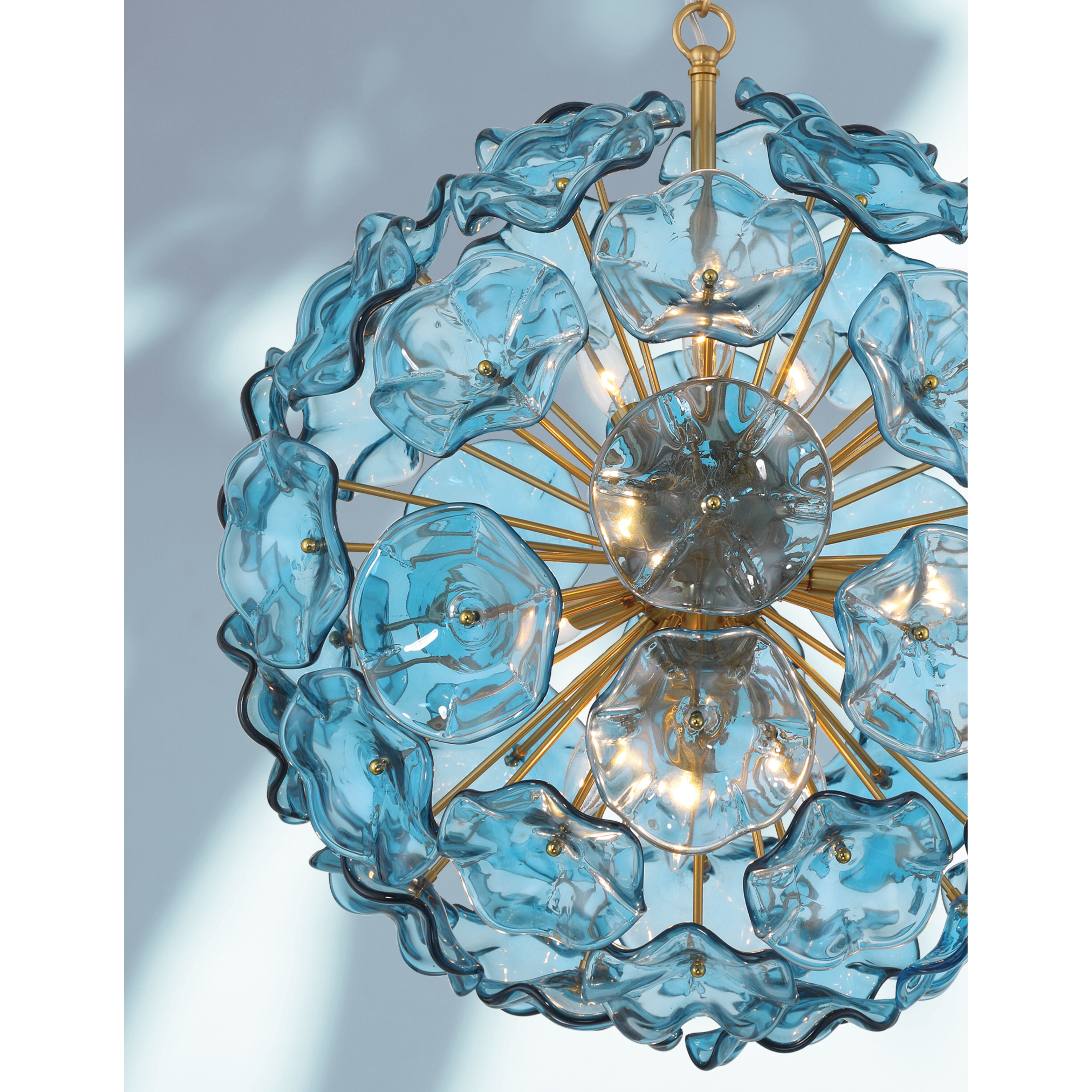 Esme 9 Light 22.5 inch Aged Brass Chandelier Ceiling Light in Floral Glass Petals Blue