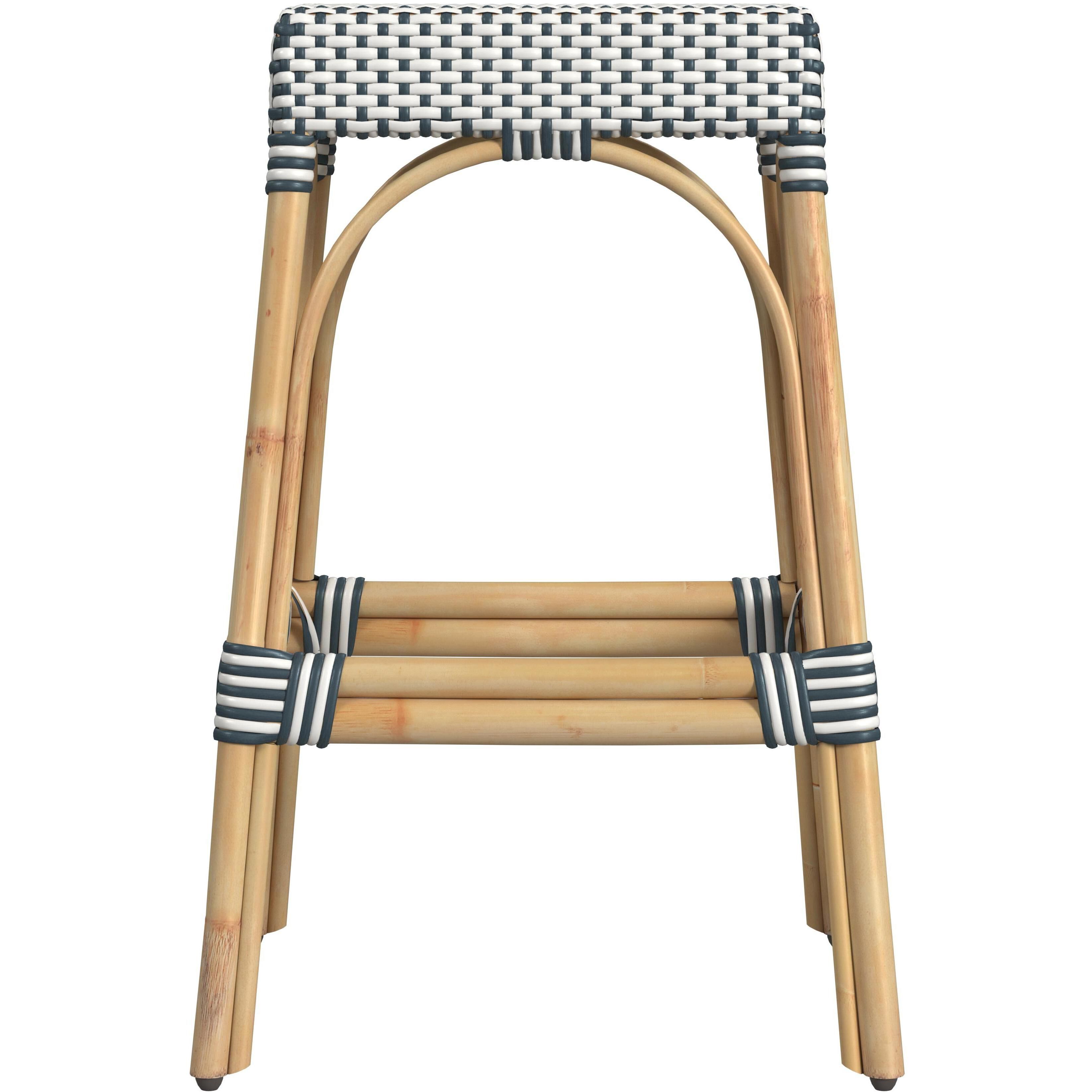 Robias Rectangular Rattan 30" Bar Stool in White and Navy Stripe