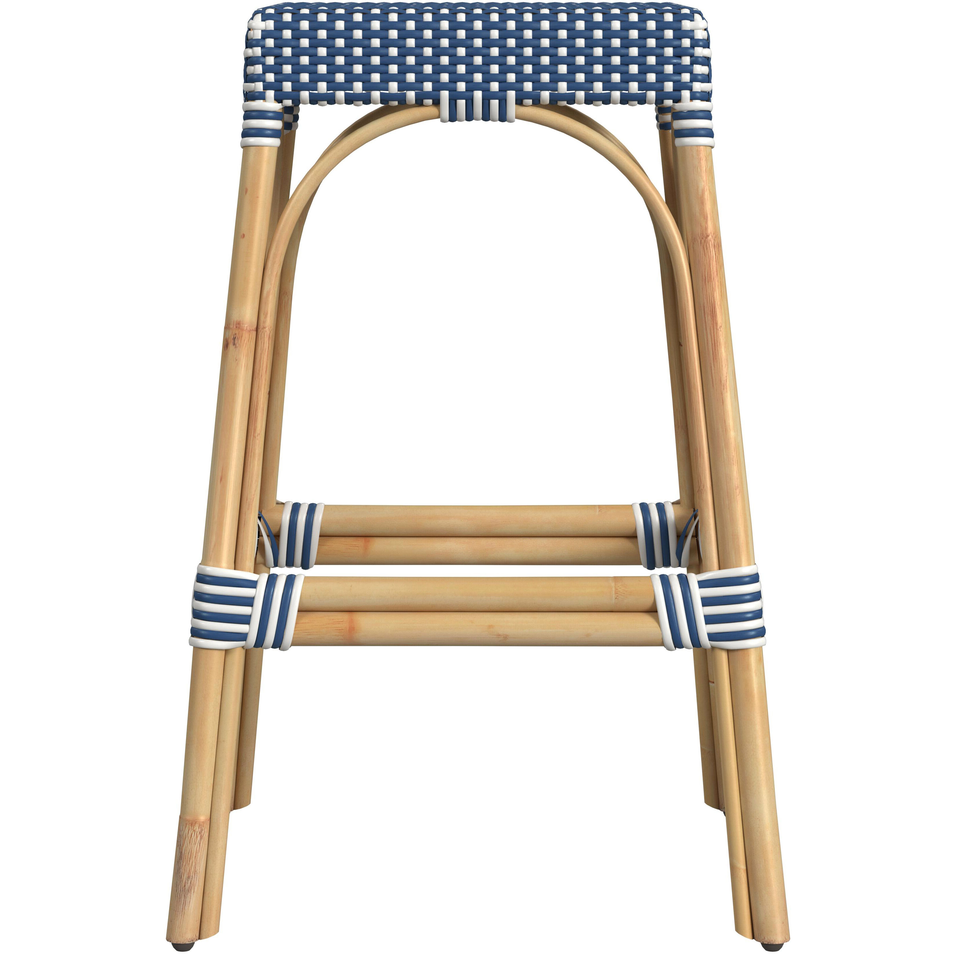 Robias Rectangular Rattan 30" Bar Stool in Blue and White Dot