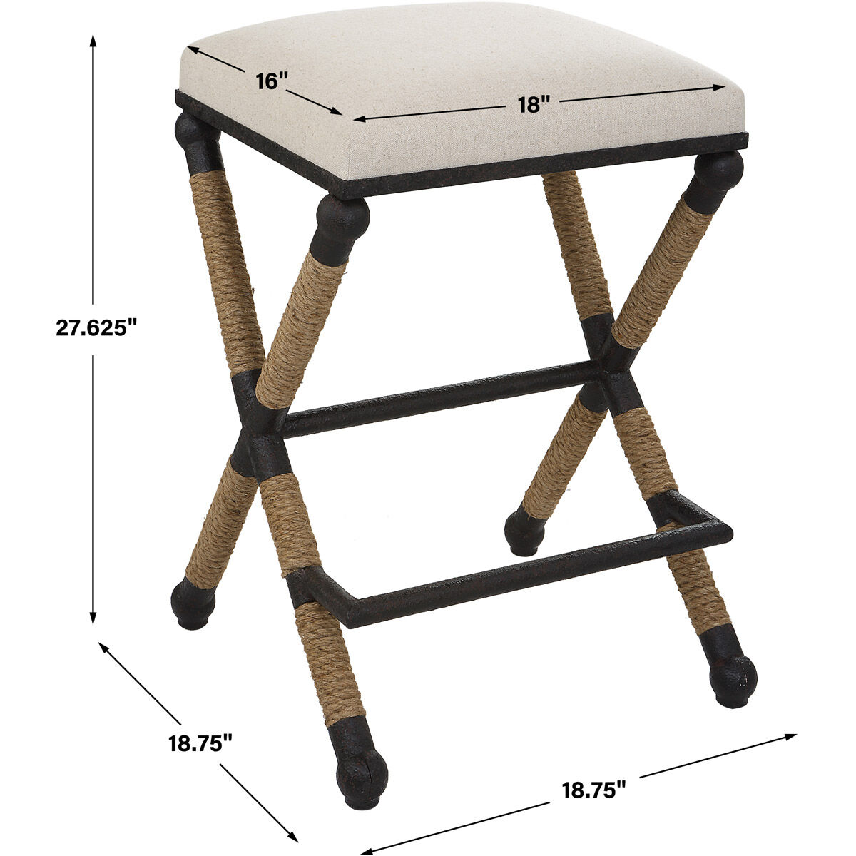 Firth 28 inch Rustic Iron and Natural Fiber Rope with Oatmeal Counter Stool