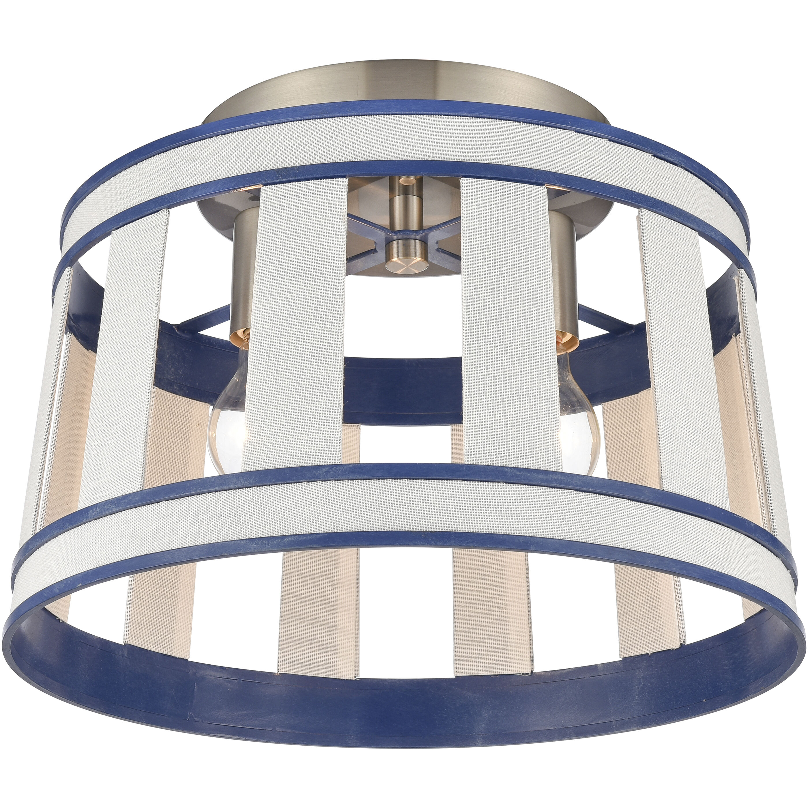 White Burlap 2 Light 14 inch White with Blue and Satin Nickel Semi Flush Mount Ceiling Light