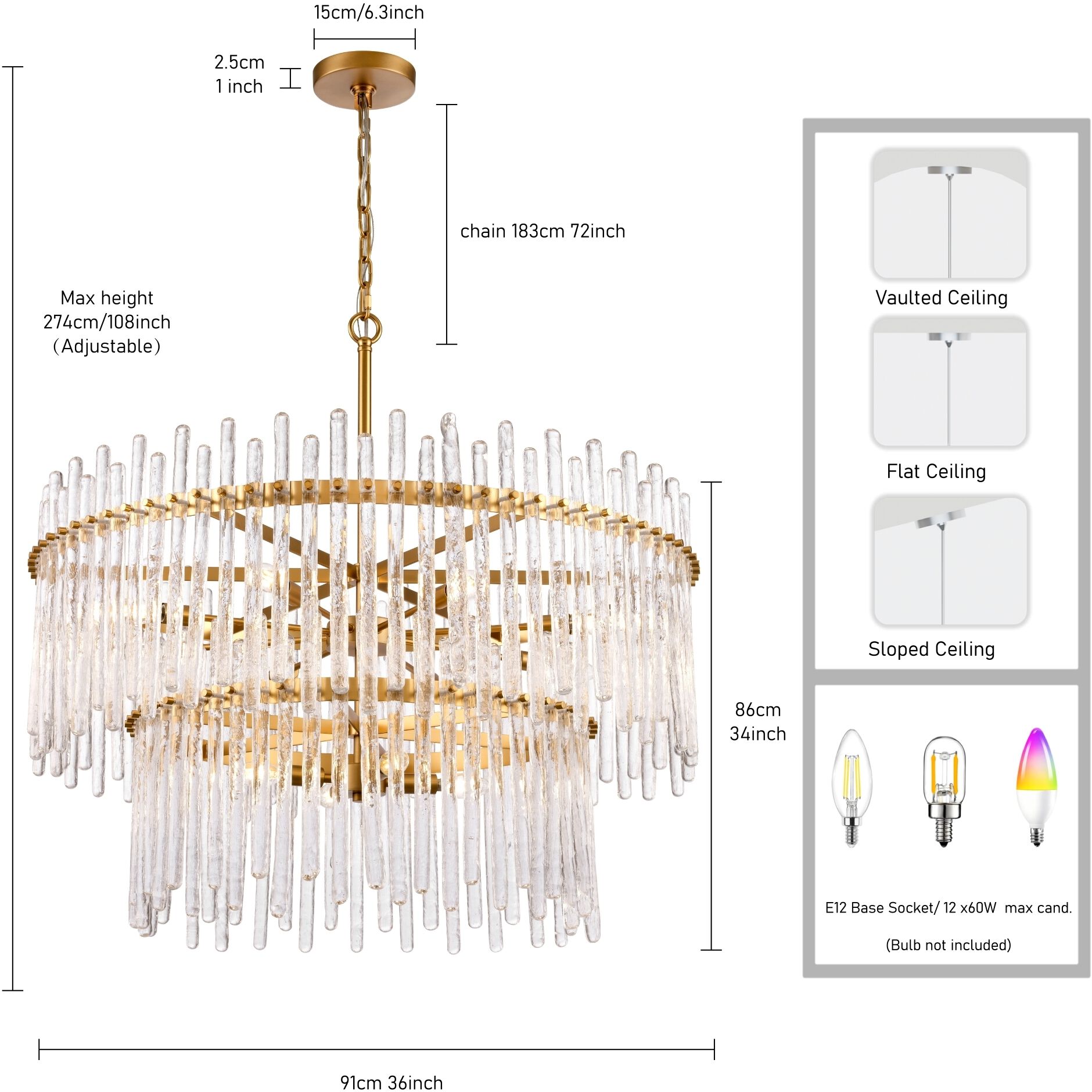 Icicles 12 Light 36 inch Satin Brass Pendant Ceiling Light