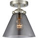 Nouveau Large Cone LED 8 inch Brushed Satin Nickel Semi-Flush Mount Ceiling Light in Plated Smoke Glass, Nouveau