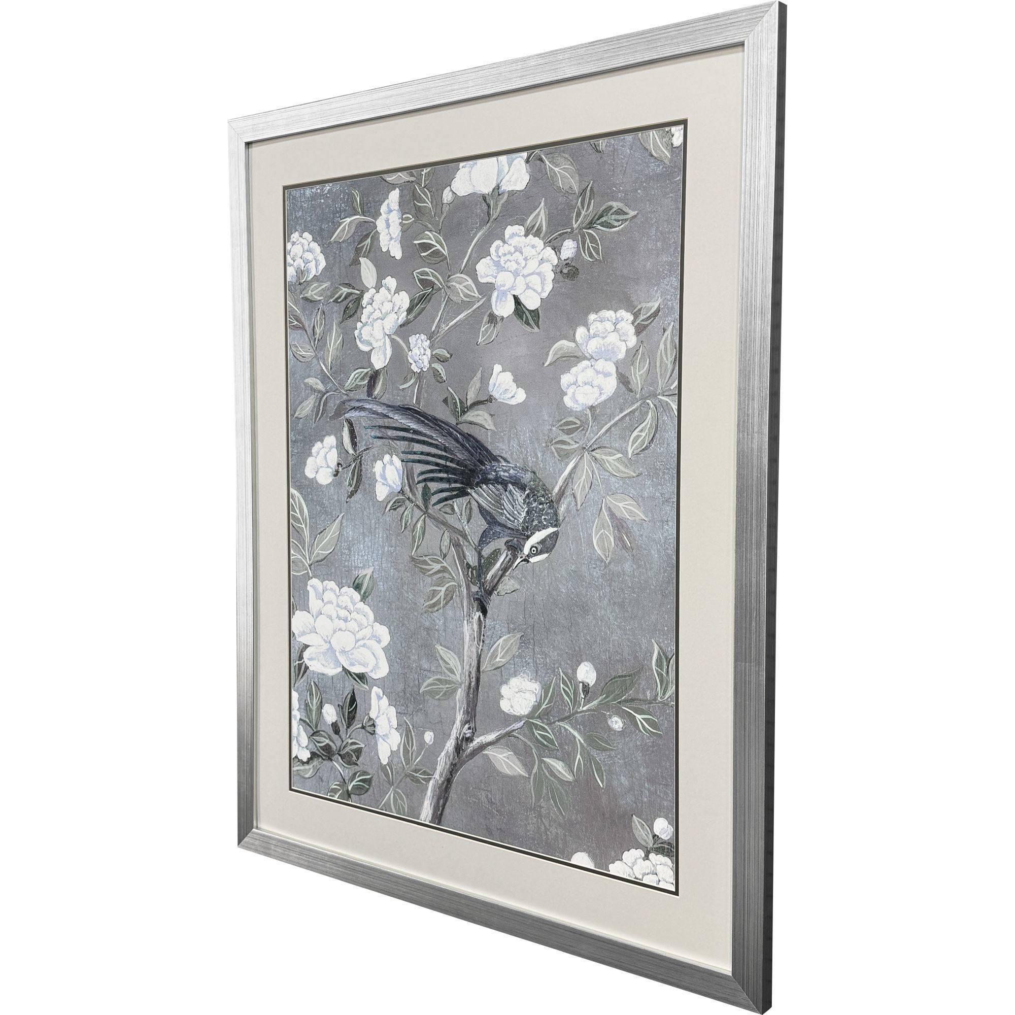 Birds and Blooms Gray and Blue and Green and White Framed Art