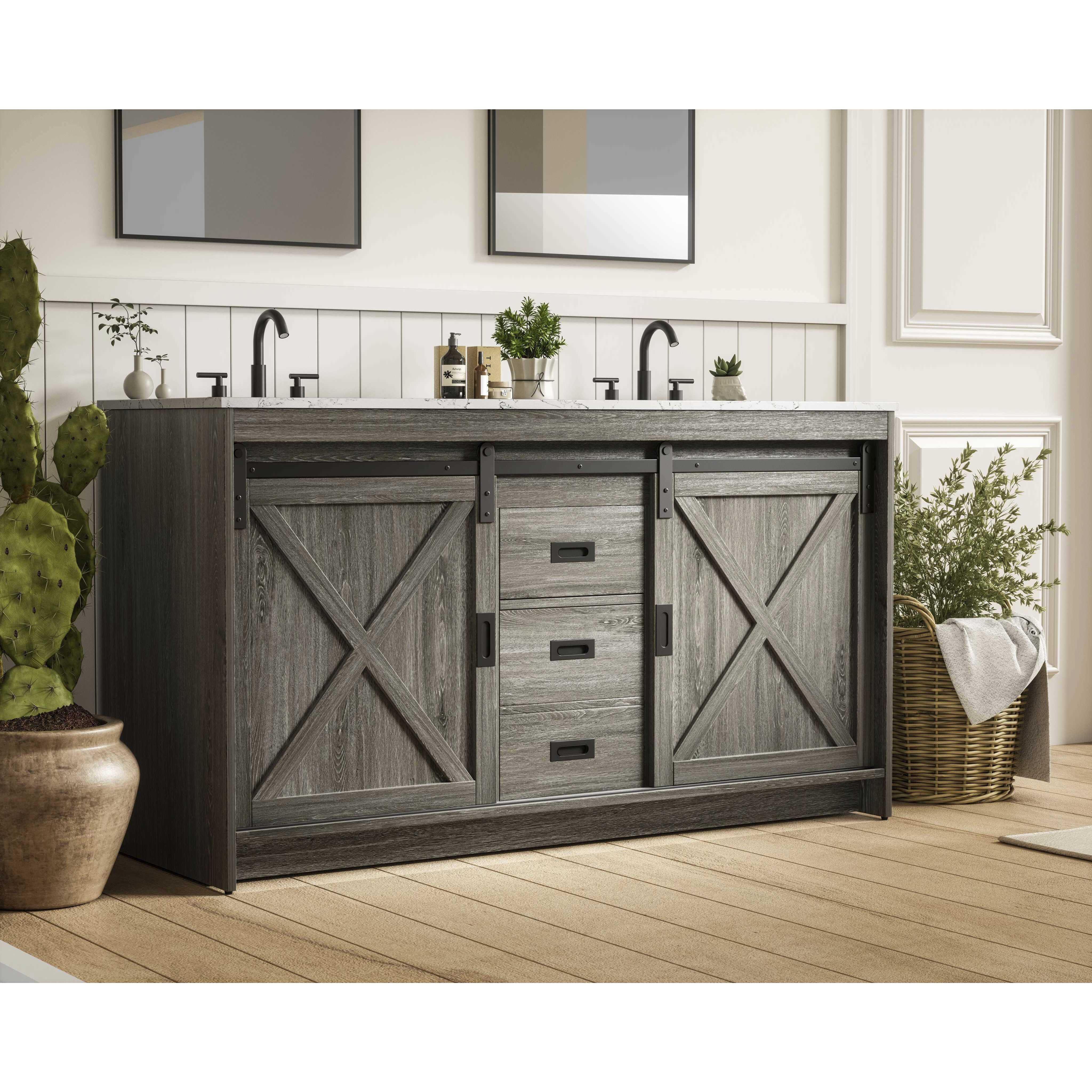 Austin 60 X 34 inch Rustic Grey Bathroom Vanity Cabinet
