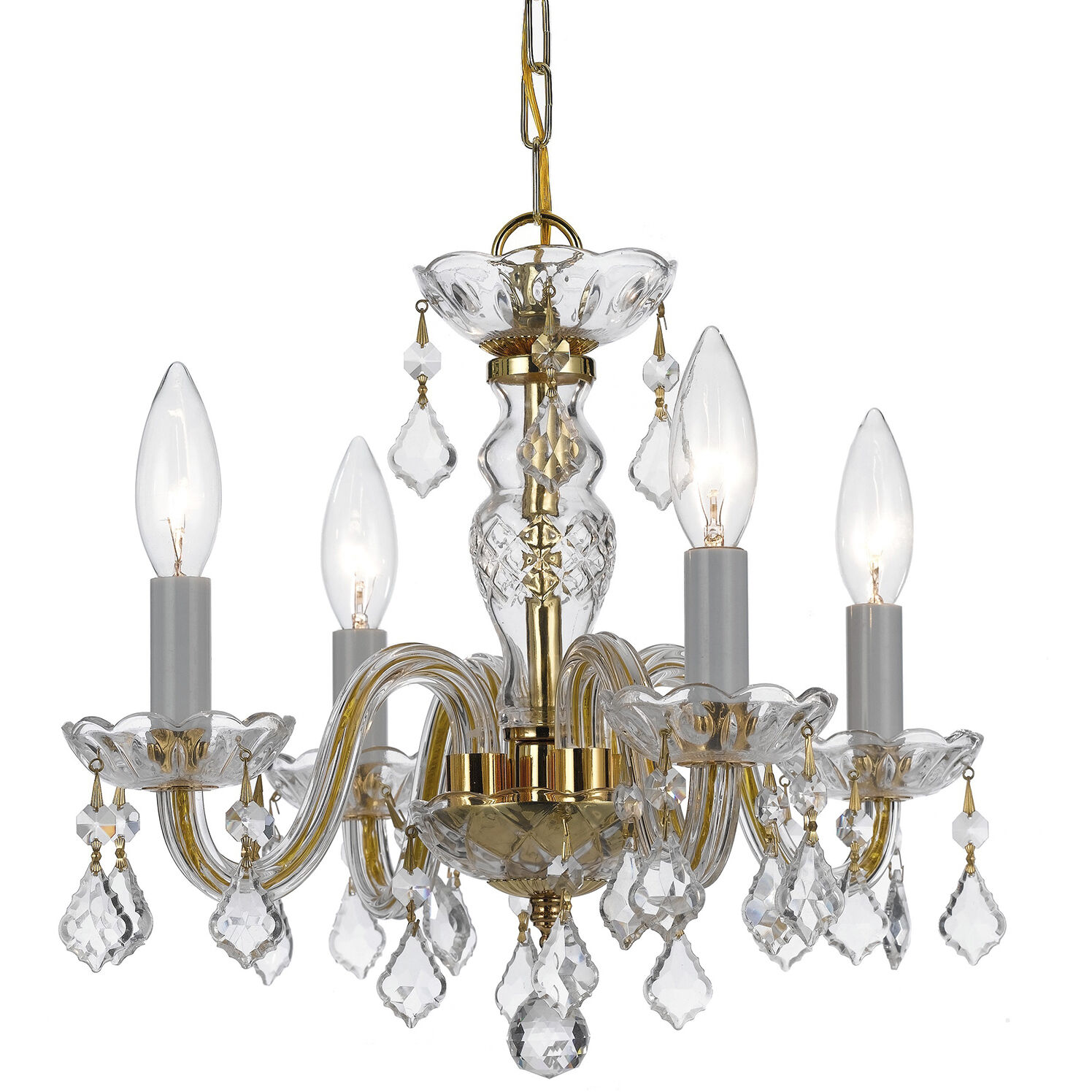 Traditional Crystal 4 Light 15 inch Polished Brass Mini Chandelier Ceiling Light in Clear Hand Cut