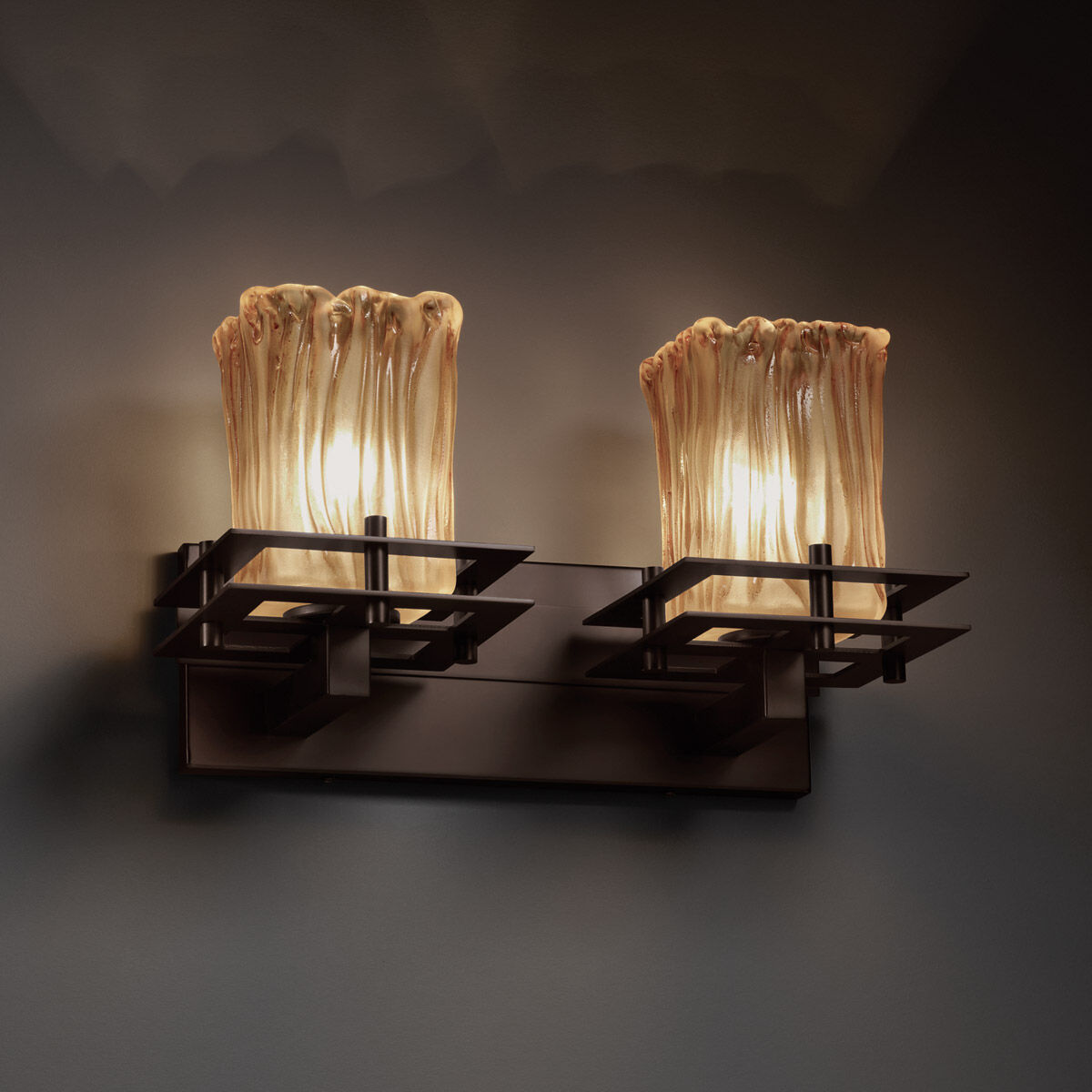 Metropolis 2 Light 17 inch Dark Bronze Vanity Light Wall Light in Amber (Veneto Luce), Square with Rippled Rim