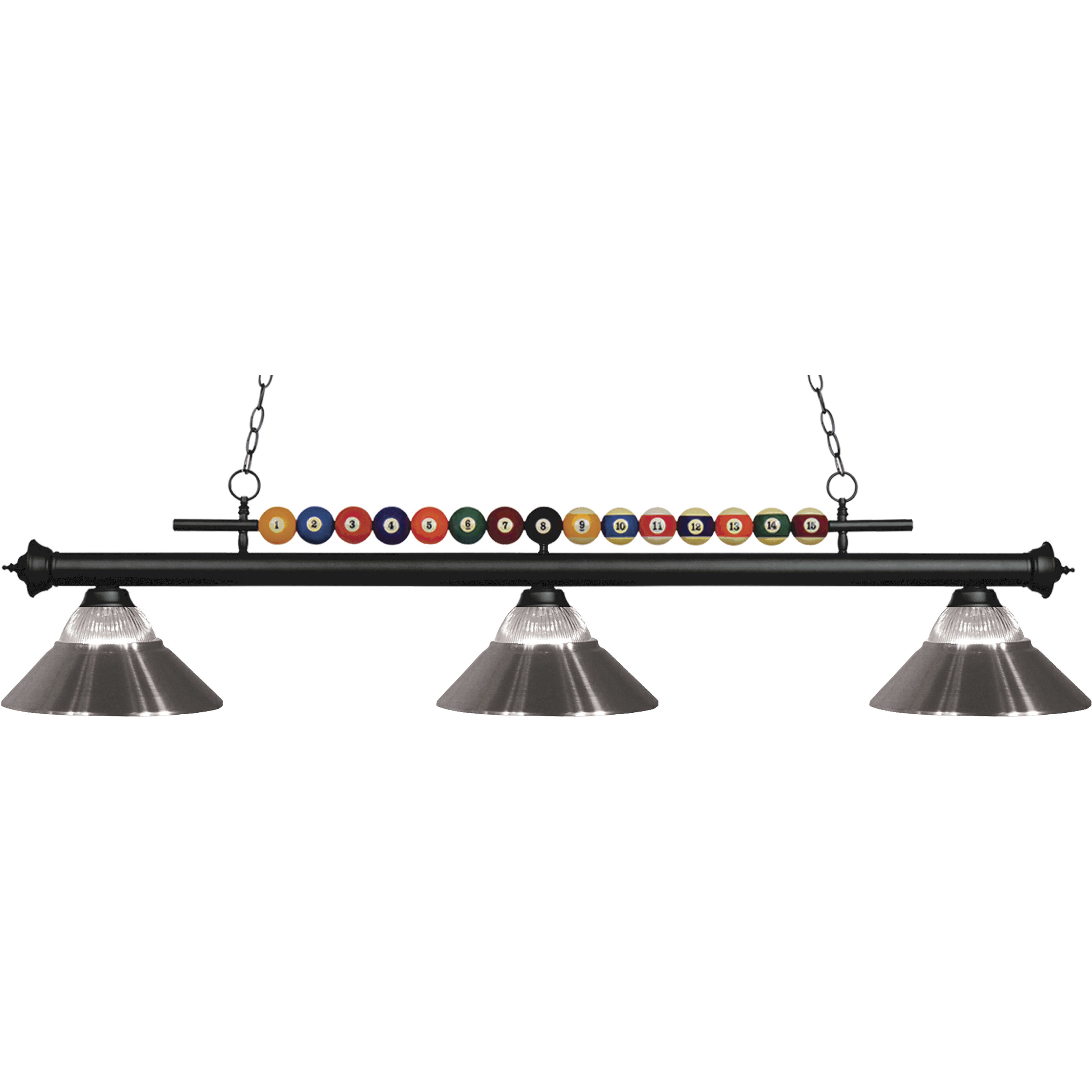 Shark 3 Light 58 inch Matte Black Billiard Ceiling Light in Clear Ribbed and Brushed Nickel Glass and Steel