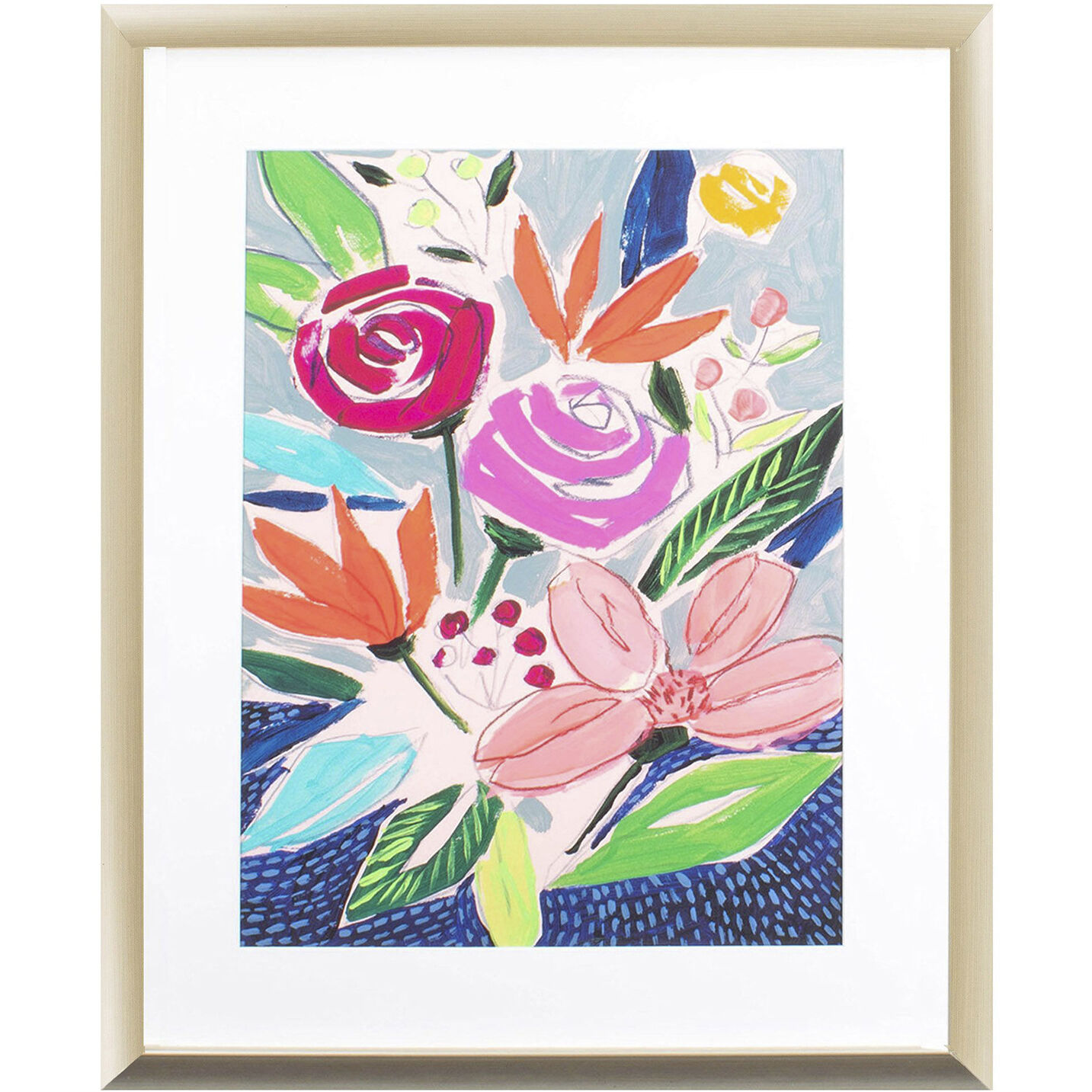 Naive Neon Bouquet Pink and Green and Blue and Orange Framed Art, Propac