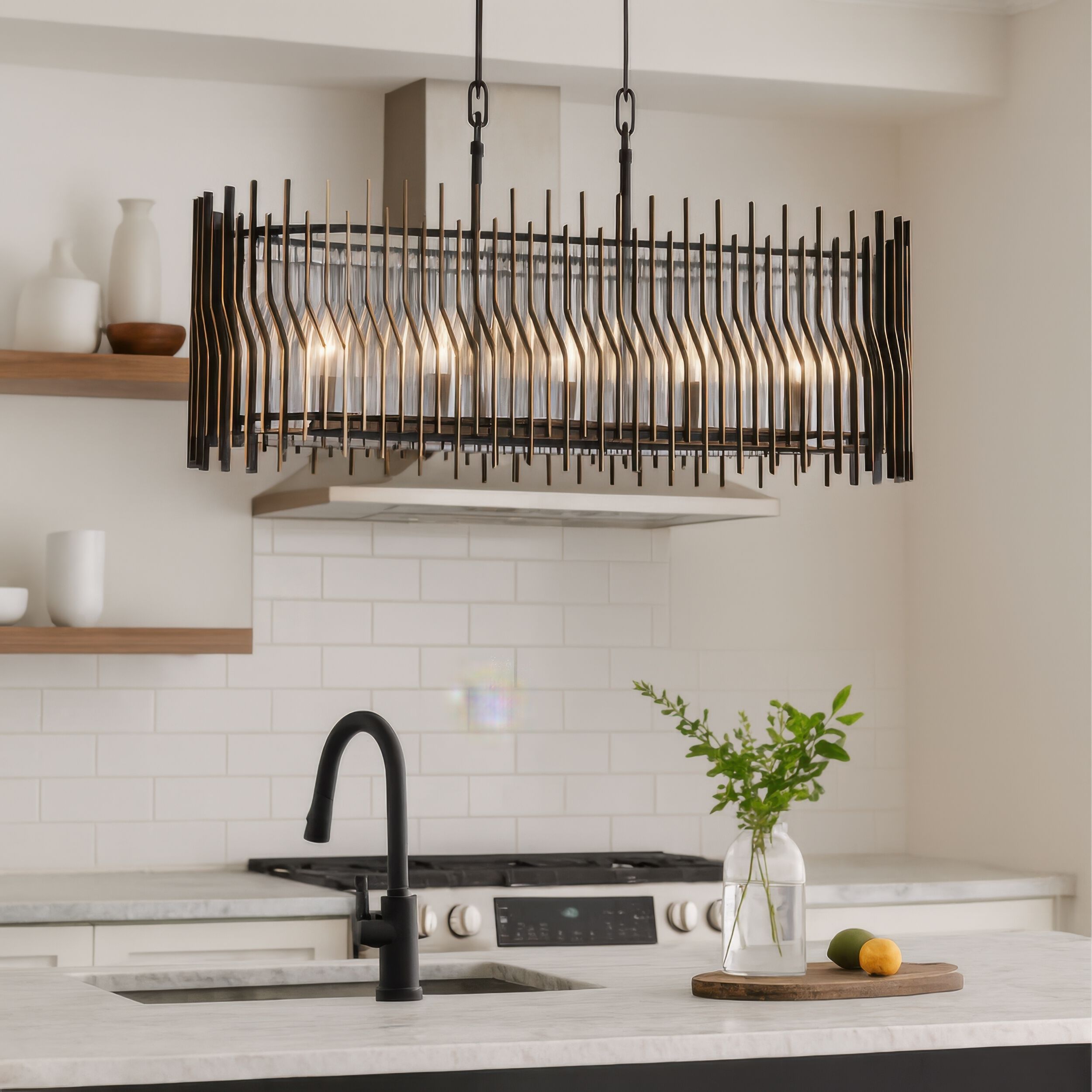Park Row 5 Light 36 inch Matte Black and French Gold Linear Pendant Ceiling Light, Smithsonian Collaboration