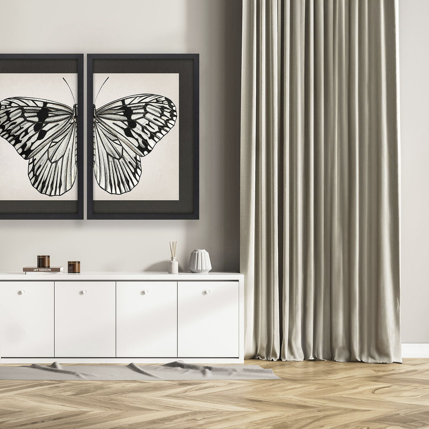 Grand Butterfly Black and Beige and White Framed Art