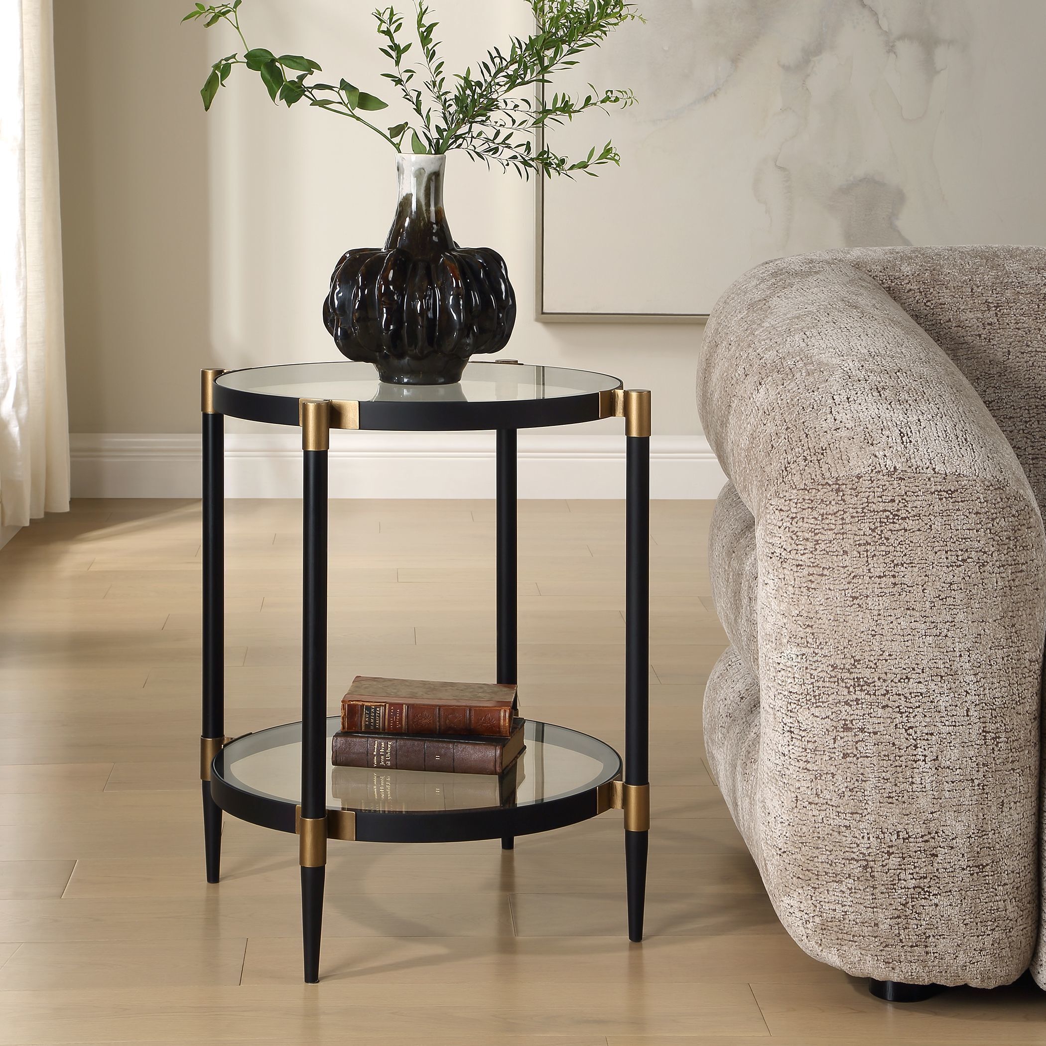 Chadid 23.75 X 21.75 inch Black and Gold with Glass Side Table
