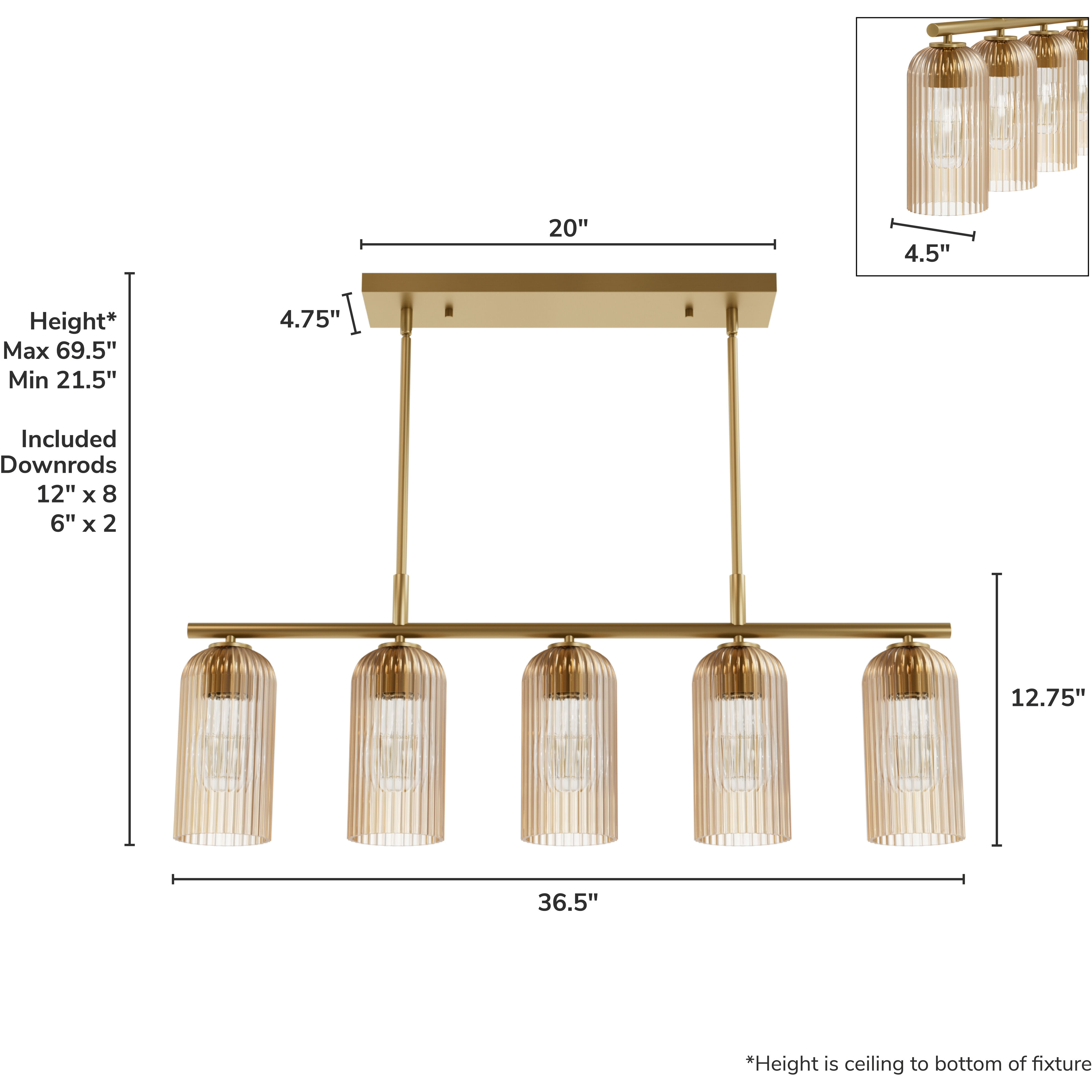 Beverly Glen 5 Light 36.5 inch Luxe Gold Linear Chandelier Ceiling Light, Medium