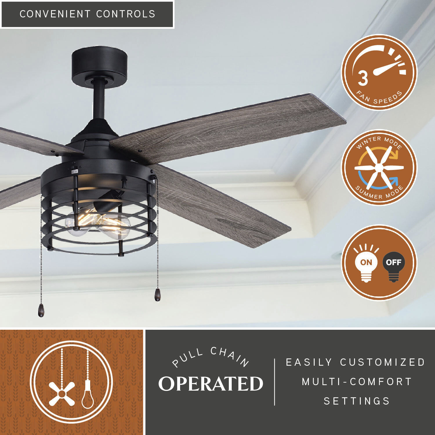 Rowan 22.44 inch Black with Driftwood-Black Walnut Blades Ceiling Fan