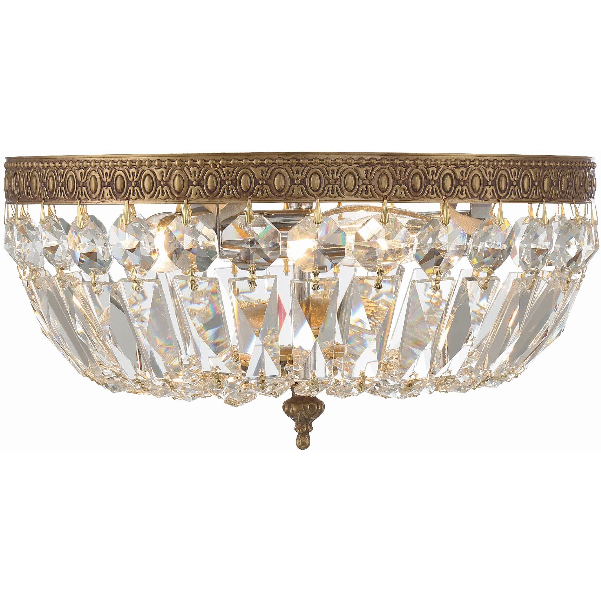 Waltham 3 Light 12 inch Olde Brass Flush Ceiling Light in Clear Hand Cut