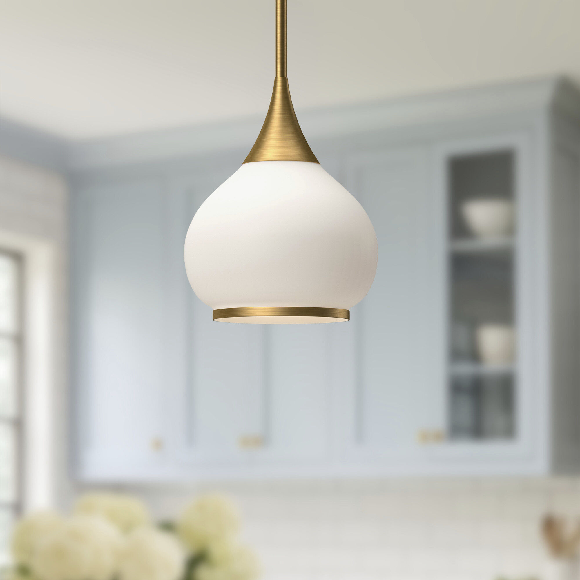 Alora Mood Hazel Pendant Ceiling Light in Aged Gold, Matte Opal Glass