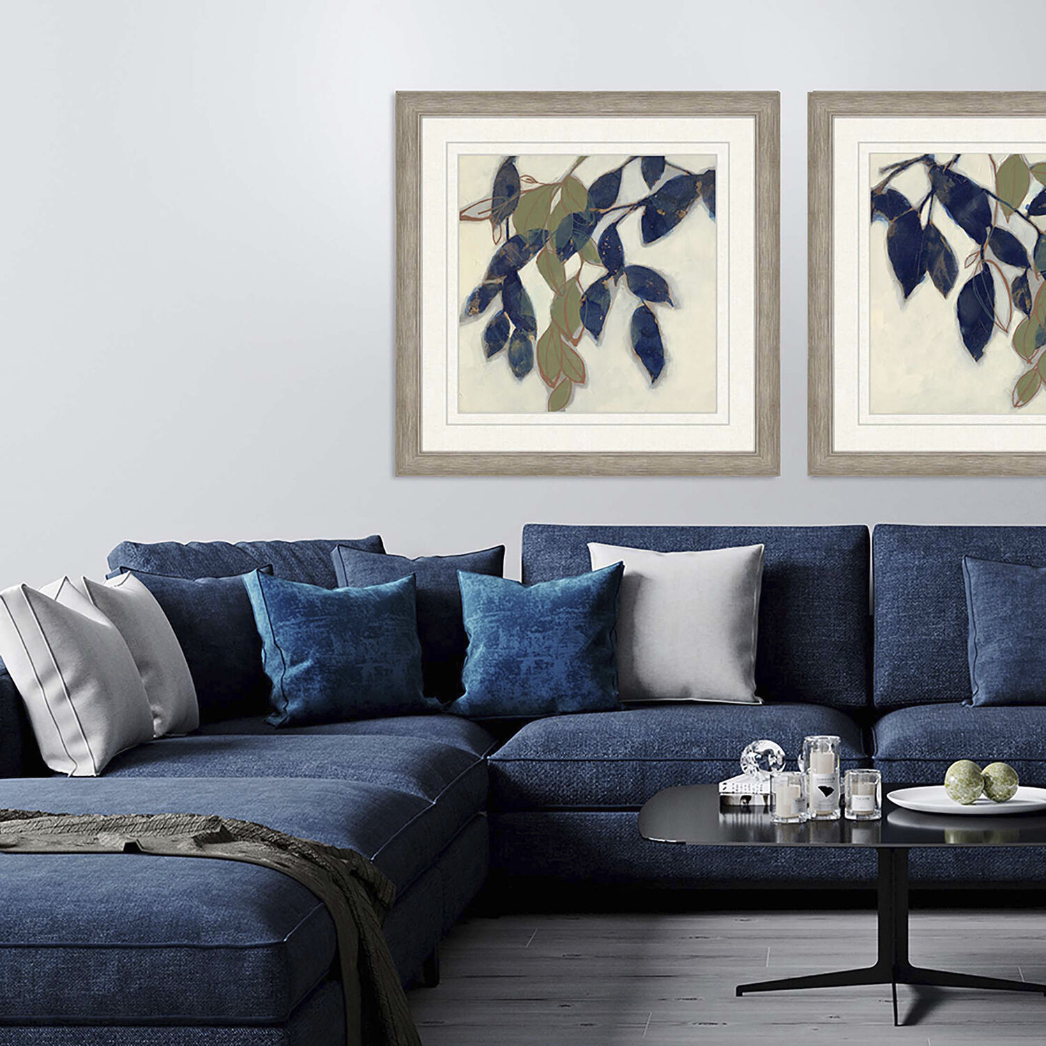 Entwined Leaves Blue and Beige and Green and White Framed Art