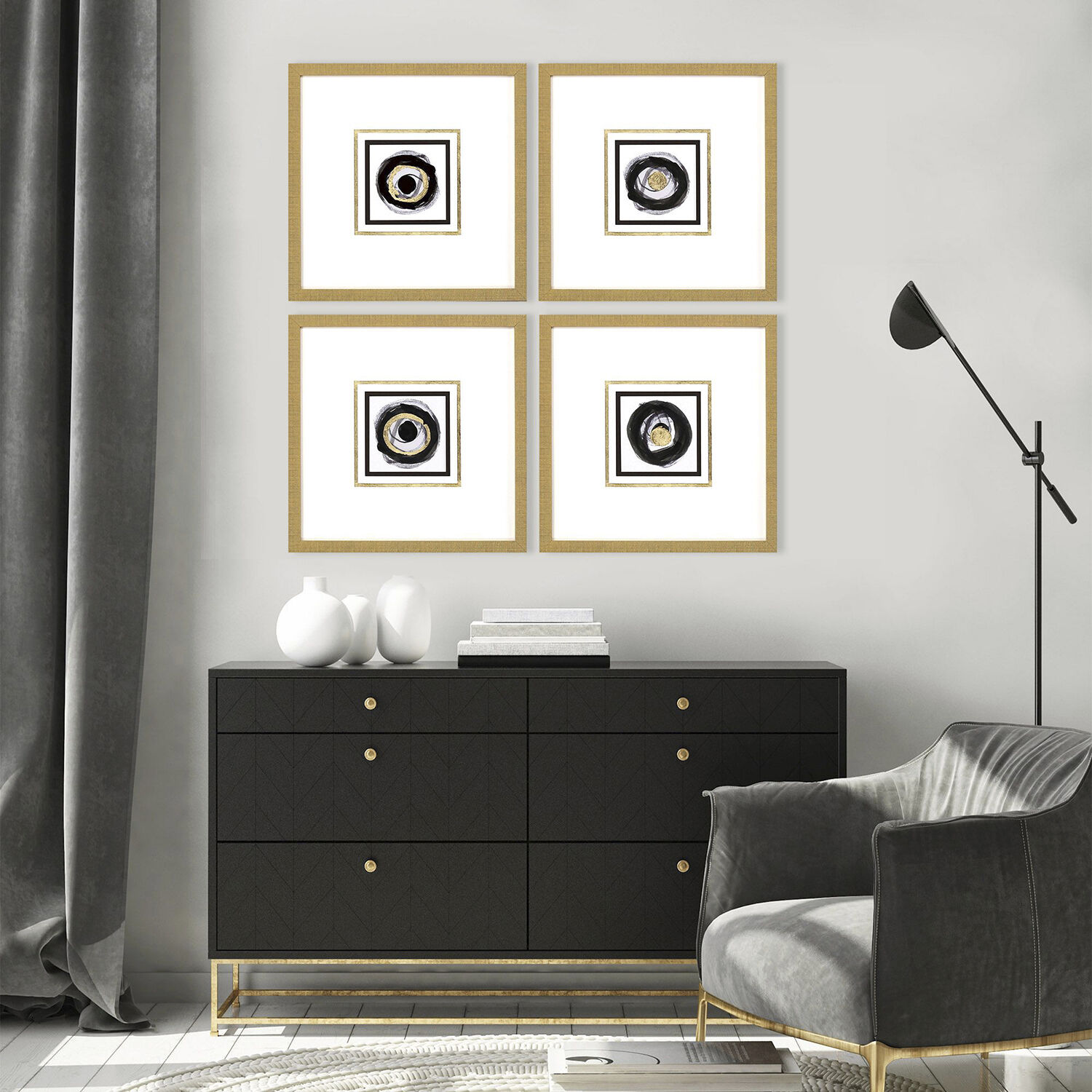 White Black Gold Black and Metallic and Neutral and White Framed Art