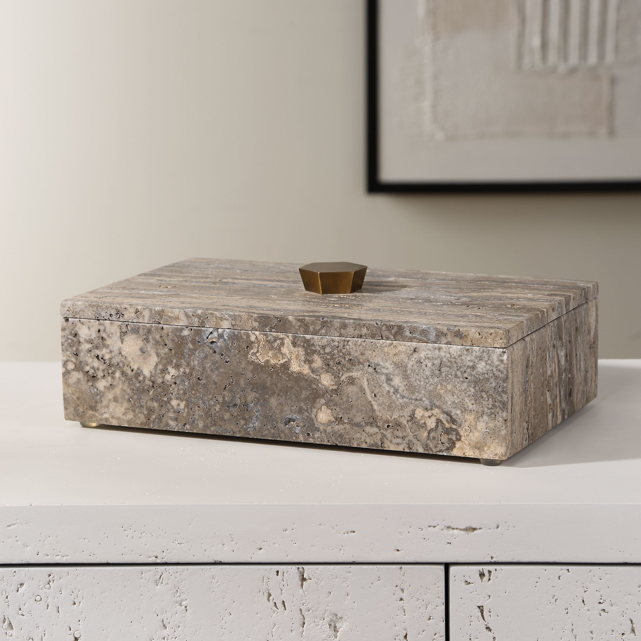 Griseus 9.5 inch Travertine and Bronze Box