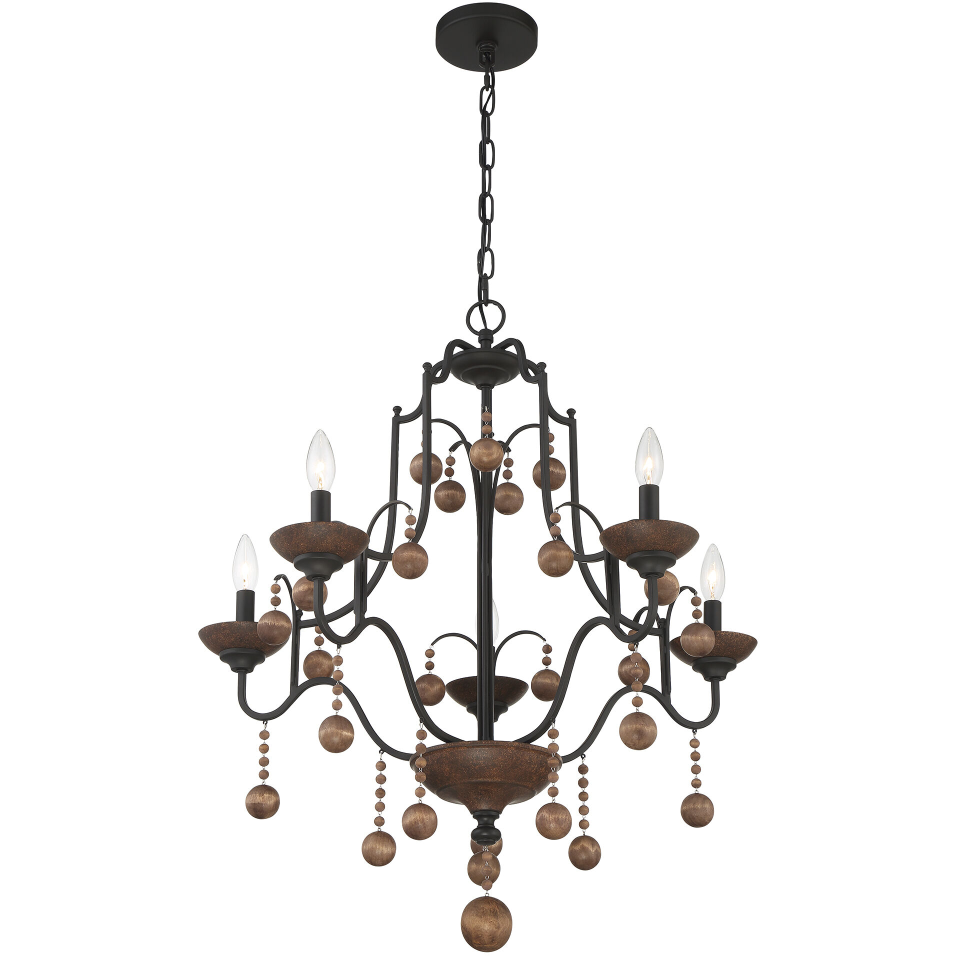 Colonial Charm 5 Light 28 inch Old World Bronze/Walnut Accents Chandelier Ceiling Light