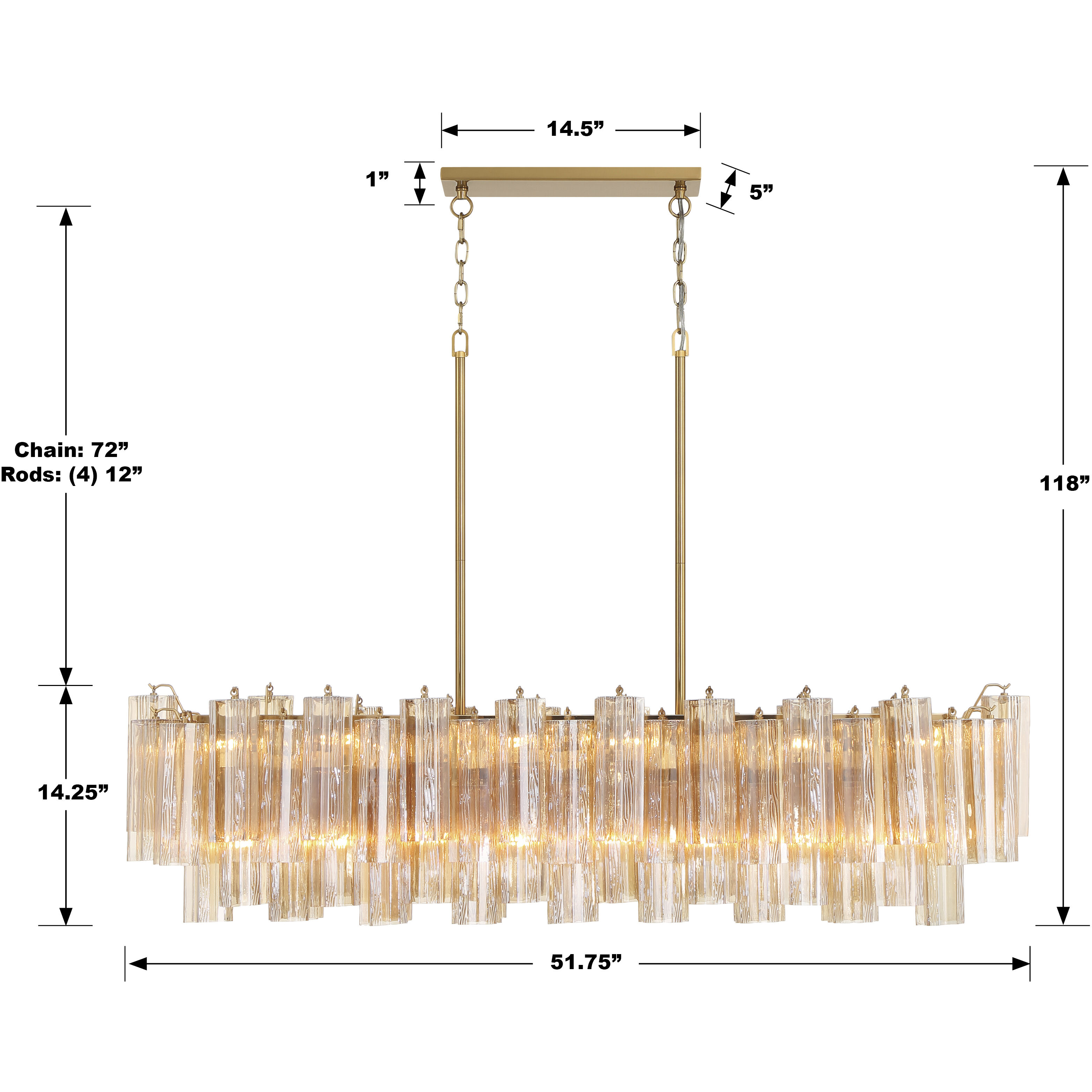 Addis 14 Light 51.75 inch Aged Brass Linear Chandelier Ceiling Light in Tronchi Glass Amber