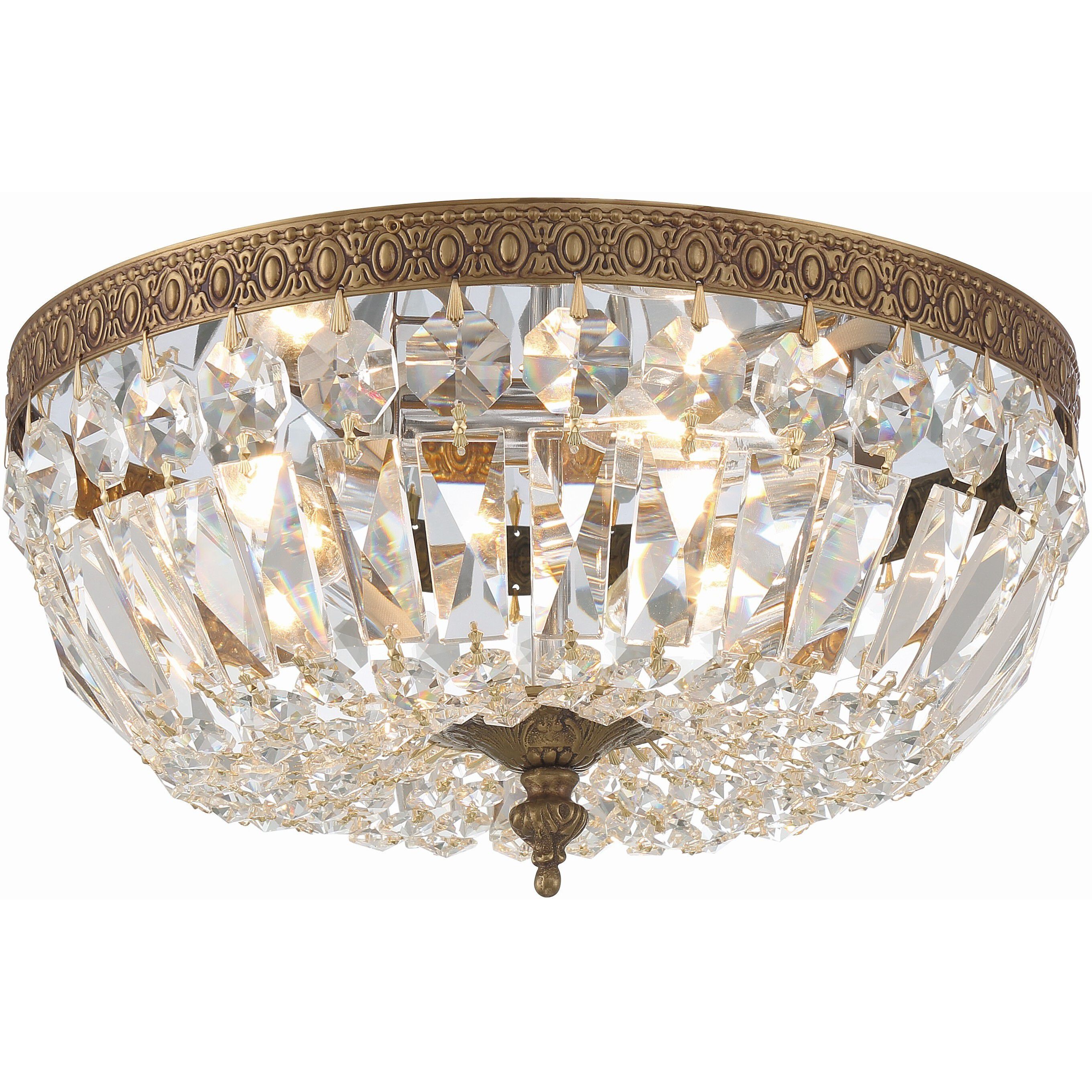 Waltham 3 Light 12 inch Olde Brass Flush Ceiling Light in Clear Hand Cut
