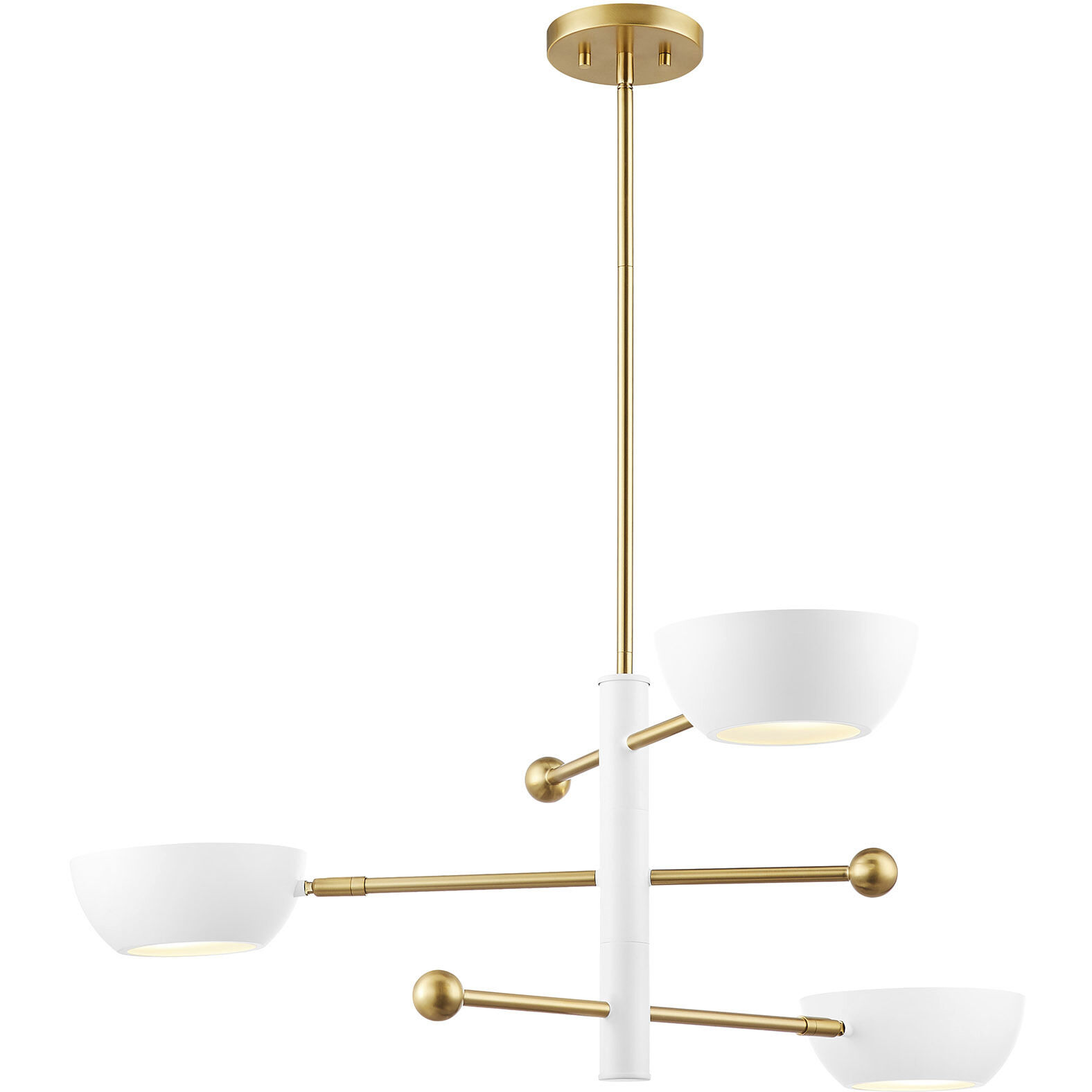 Contemporary 3 Light 33.75 inch White with Natural Brass Chandelier Ceiling Light